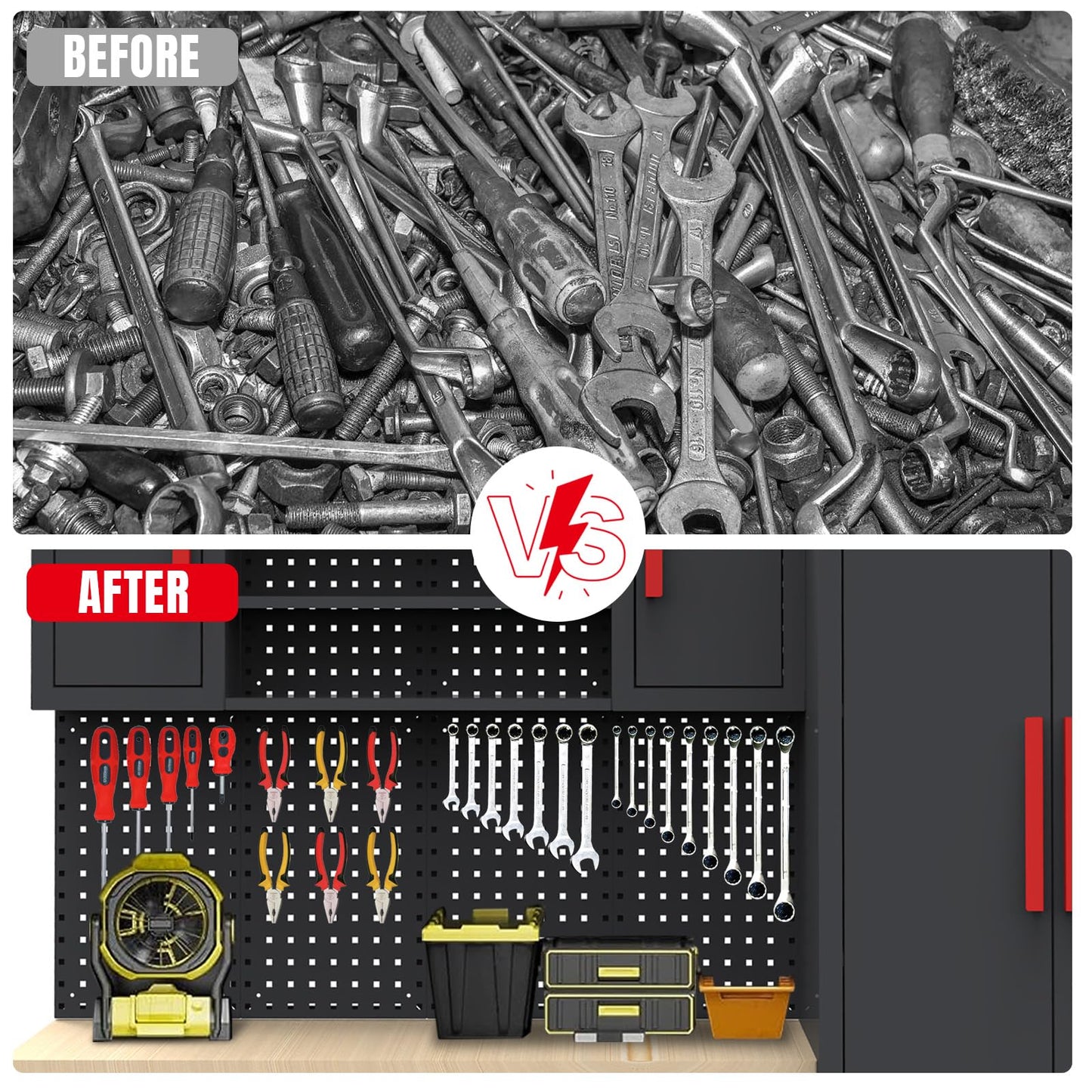 TCE 6 Piece Garage Cabinets Storage System: Includes Steel Cabinets, Drawers, Rolling Chest and Pegboard, Garage Workbench with Storage - Perfect for Organizing Garage and Tools, Black