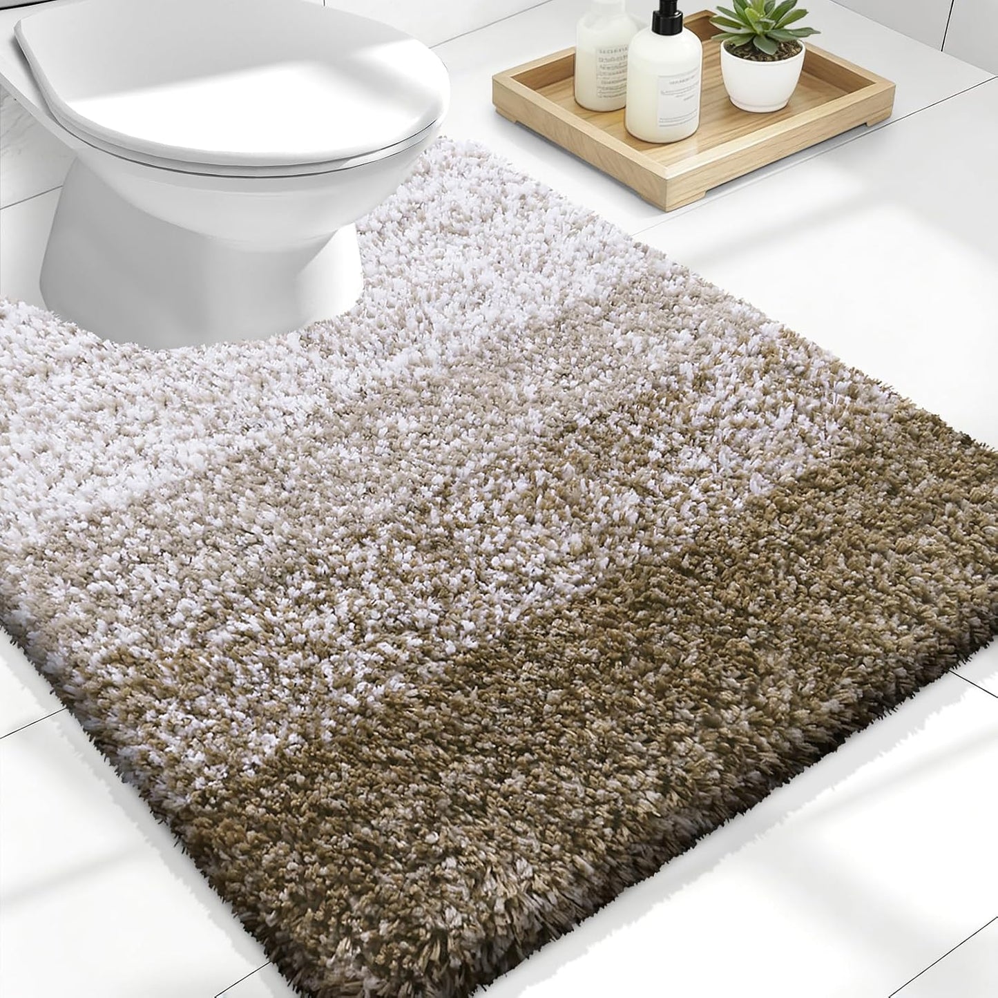 OLANLY Luxury U-Shaped Toilet Rugs - Extra Soft, Absorbent Microfiber Bath Mat | 24x20, Non-Slip, Coffee Color