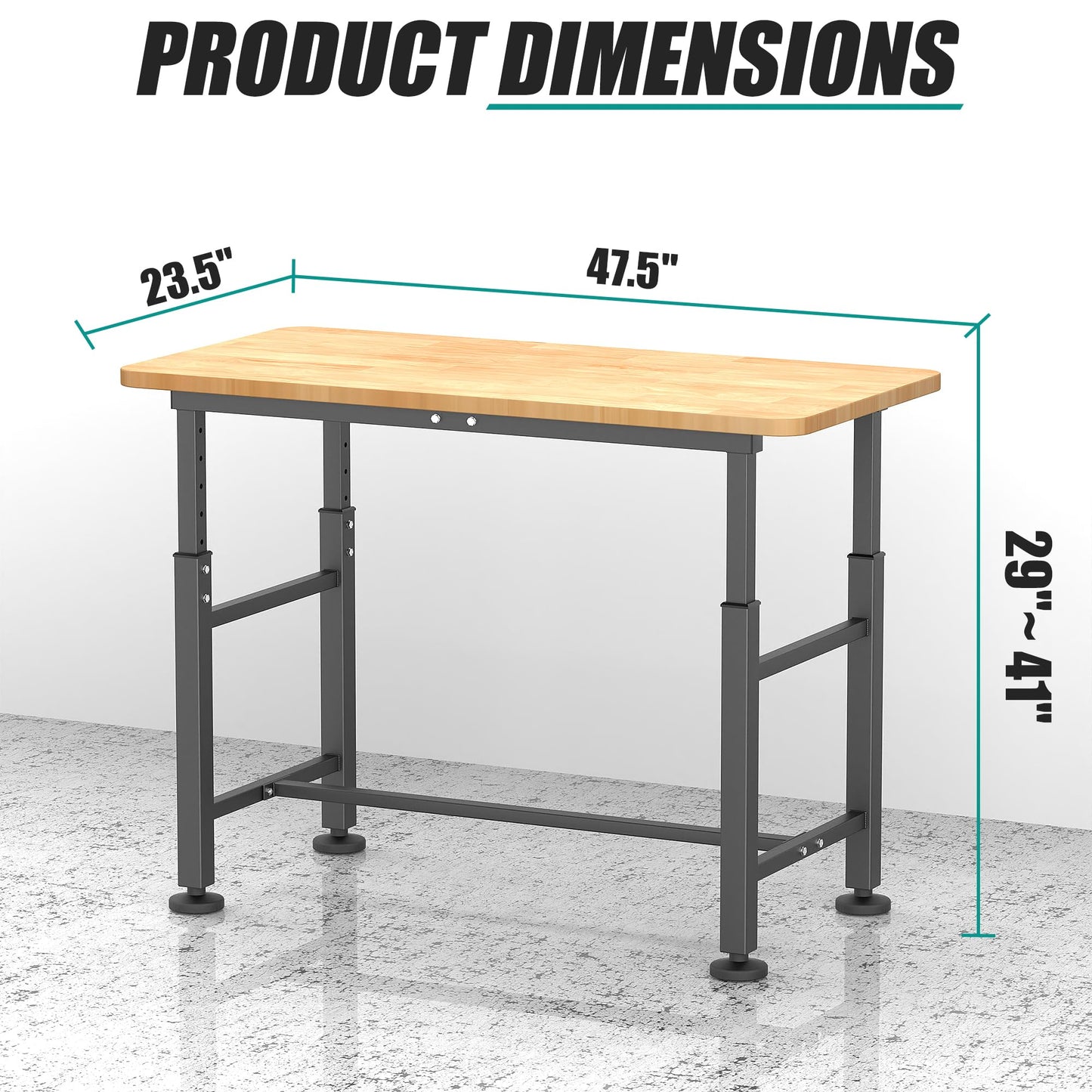 EVERHANGER Workbench for Garage, Adjustable Height Work Table, Heavy Duty Rubber Wood Top Workstation for Workshop, 47.5 x 23.5 Inch