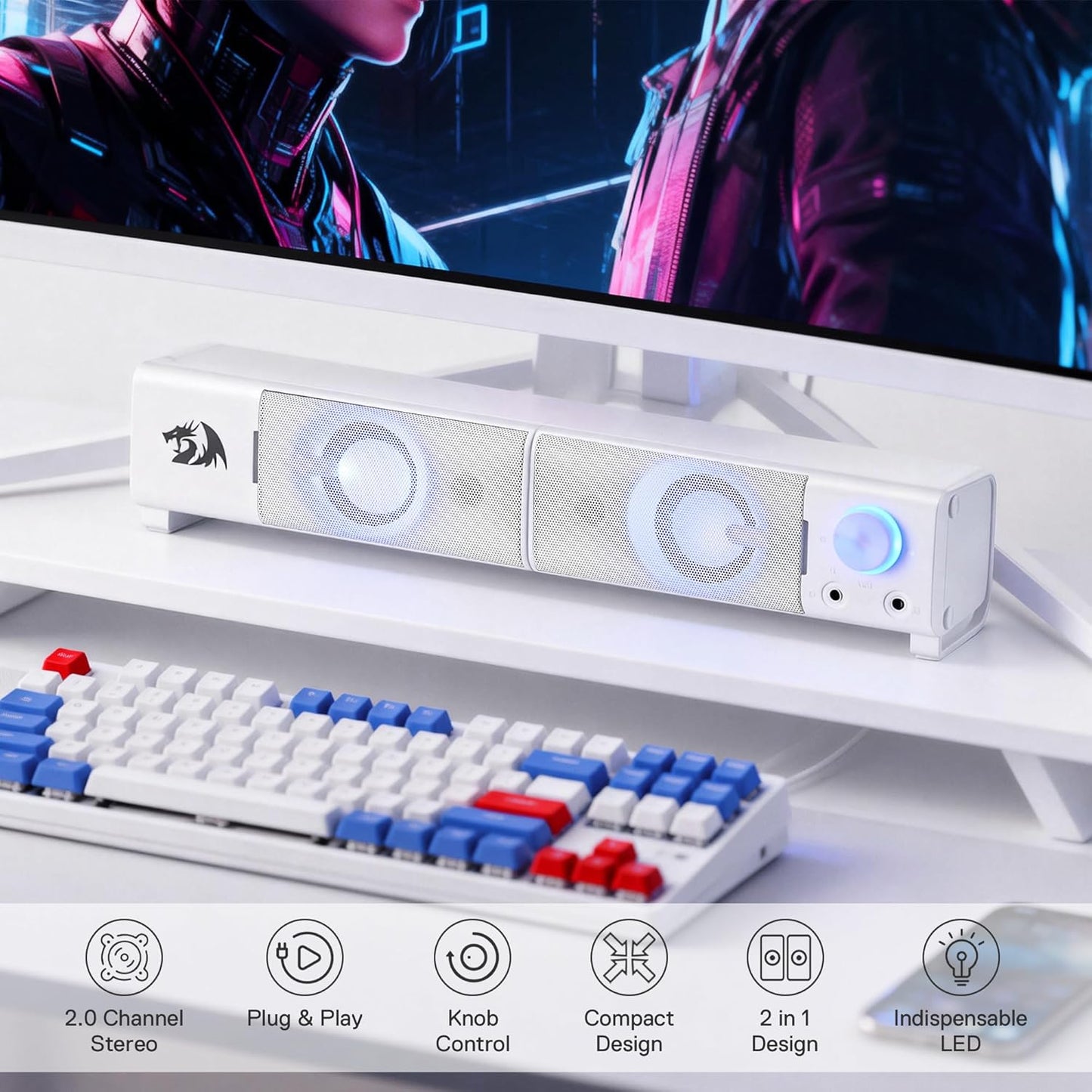 Redragon GS550 2.0 3.5mm PC Gaming Speakers, Channel Desktop Computer Sound Bar with Compact Maneuverable Size