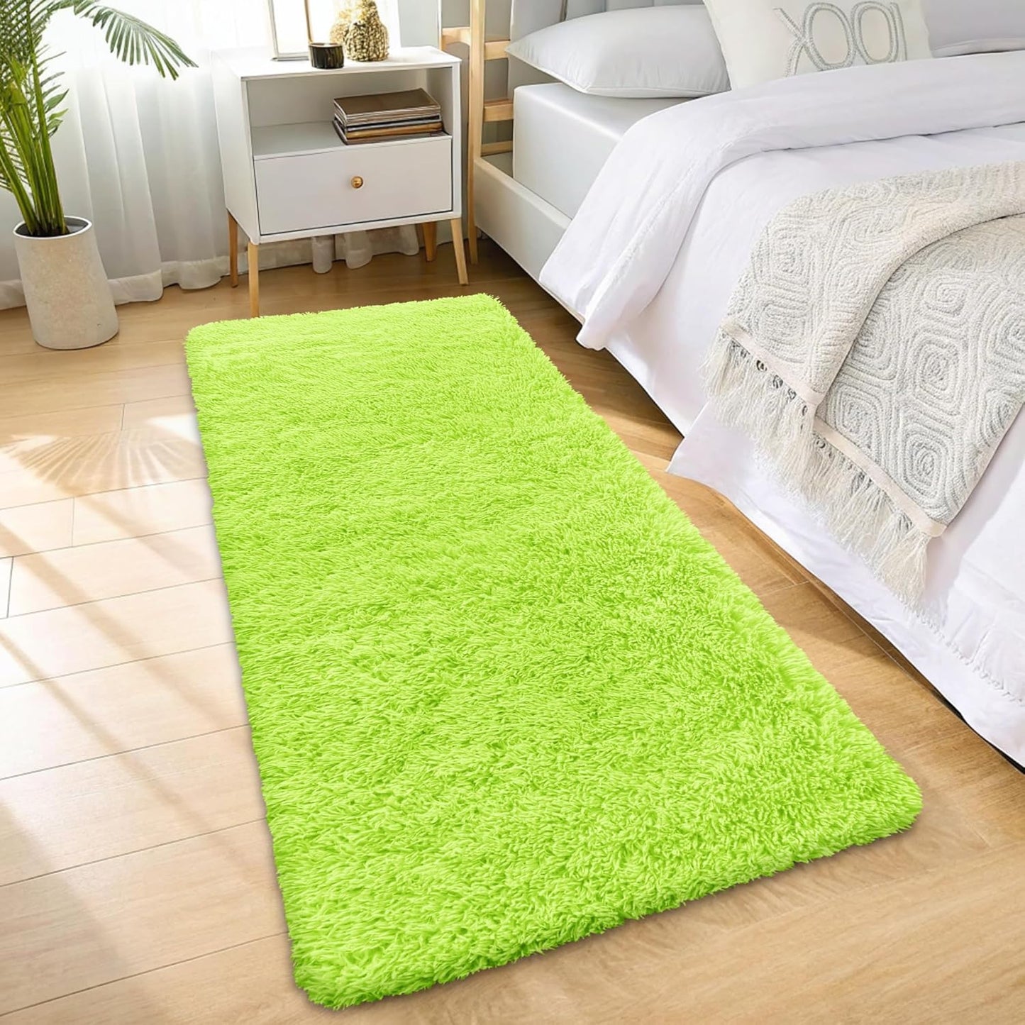 OLANLY 2x5 Machine Washable Runner Rug - Soft Fluffy Shaggy Design for Bedroom & Hallway | Lime Green Home Decor