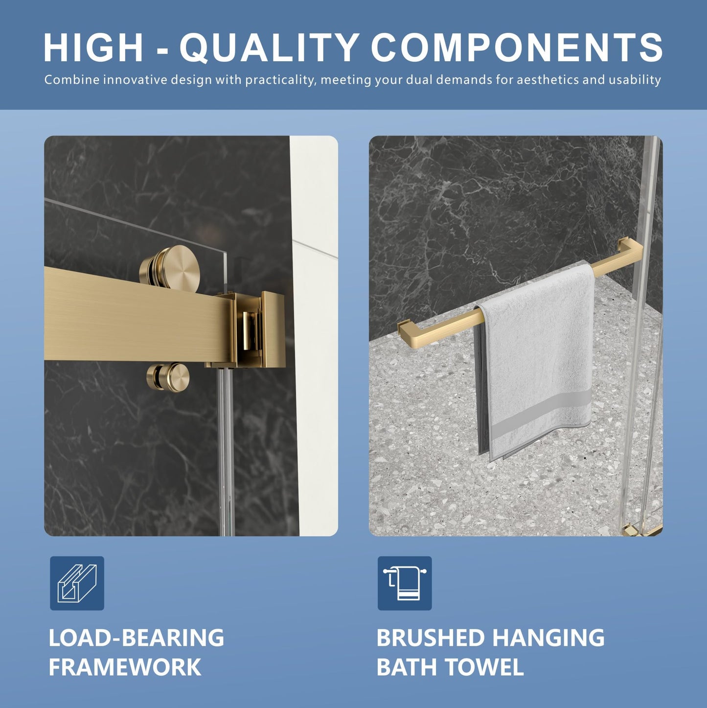 50-54" W x 76" H Frameless Shower Door, Double Sliding Glass Shower Door with 5/16" (8mm) Clear SGCC Tempered, Roller Disc System, 304 Stainless Steel (Brushed Gold, 50-54" W*76" H)