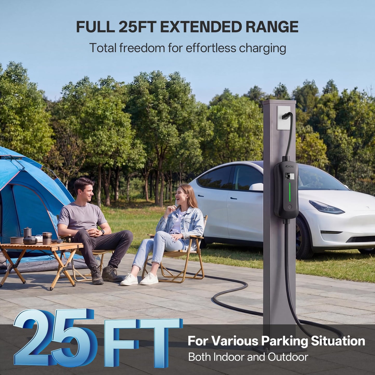 AIXINE Level 1&2 EV Charger,Tesla EV Charger NACS 16A with 25FT Extension Cord Cable,Portable Electric Car Charger 240V NEMA 6-20 Plug&120V NEMA 5-15 Adapter Compatible with All Tesla Models