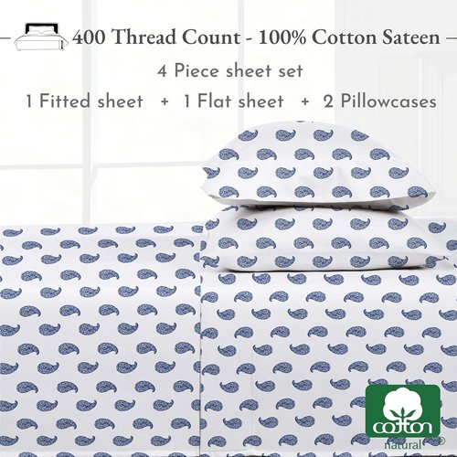 California Design Den Full Size Bed Sheets Set - 400 Thread Count 100% Cotton, Deep Pocket - Paisley Blue