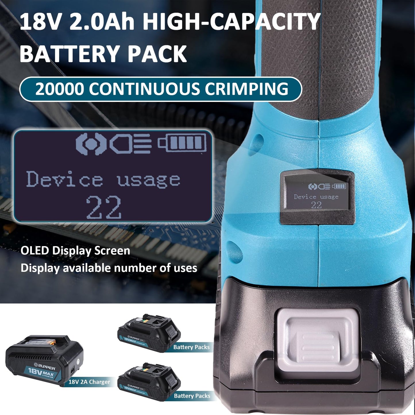 ZUPPER Compact Press Tool Kit,18V Electric Pipe Crimping Tool for 1/2"to 1-1/4" Copper Pipes Brushless Motor Compatible with Propress 2pcs 2Ah Battery