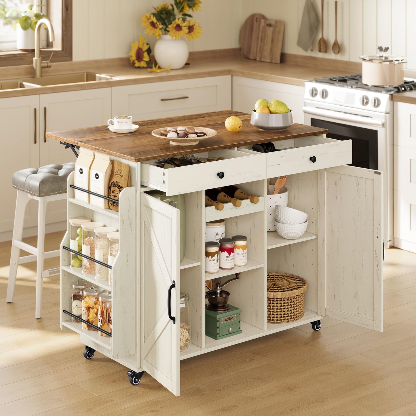 VASAGLE Mobile Kitchen Island with Drop Leaf, Portable Island with Spice Rack, Mobile Cart with Storage Cabinet, 17.7-28.7 x 49.3 x 36 Inches, for Dining Room, Rustic White and Honey Brown UKKI012W01