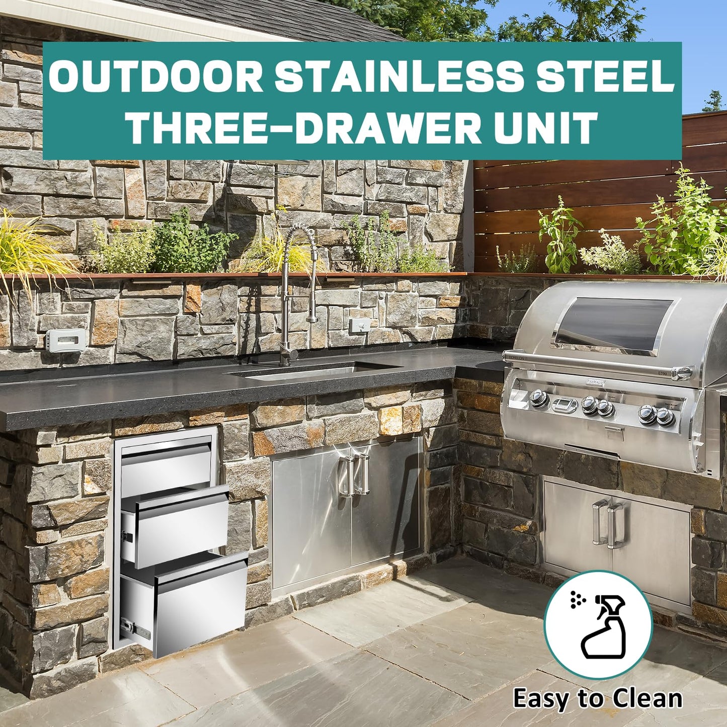 Outdoor Kitchen Drawers 14" W x 25.4"H x 21"D Stainless Steel Drawer BBQ Triple Drawers with Hidden Handle for Outdoor Kitchen Island, Patio Grill Station