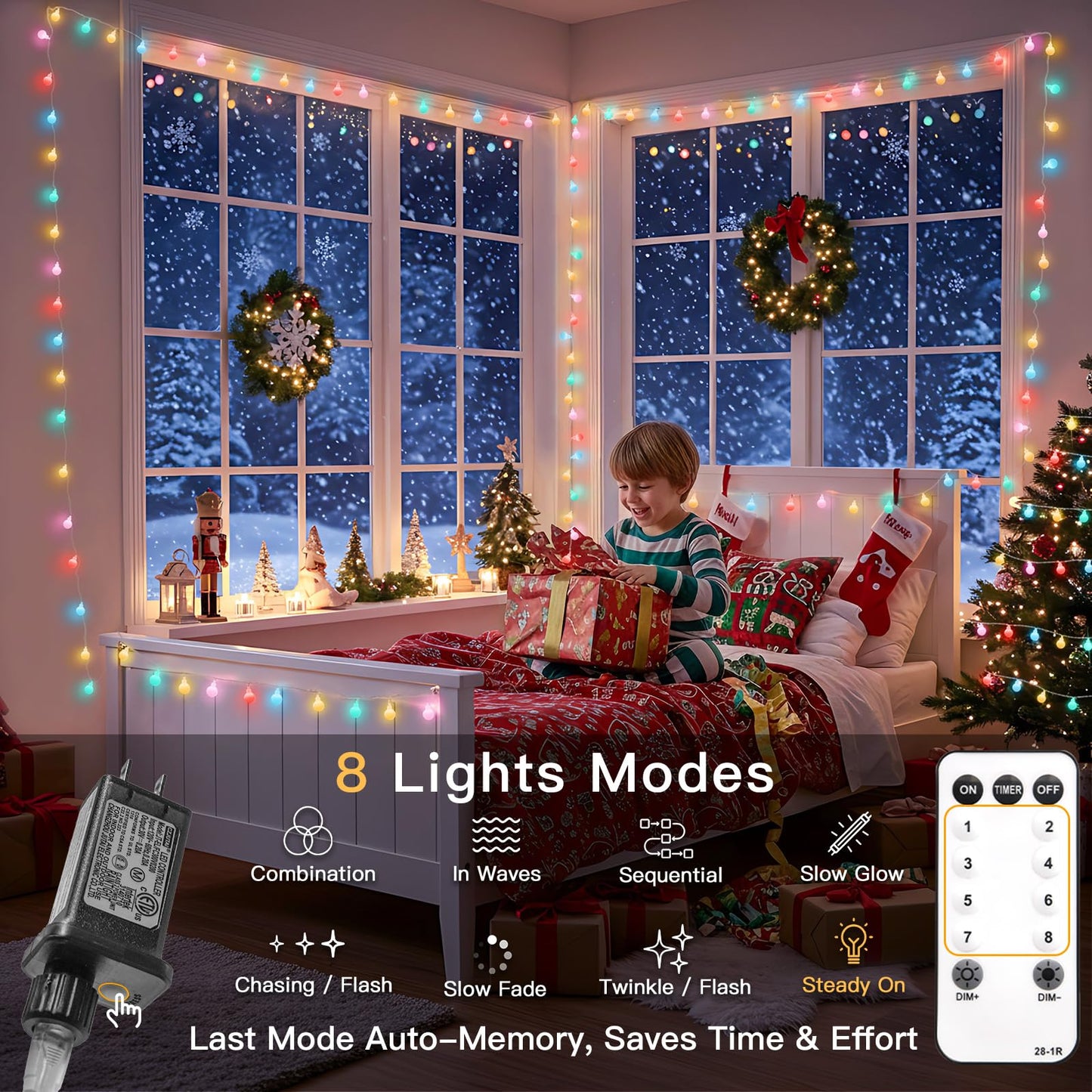 suddus 66ft 200 LED Connectable Globe String Lights, Multicolor, Indoor/Outdoor, with Timer, Model SD-200GMC1