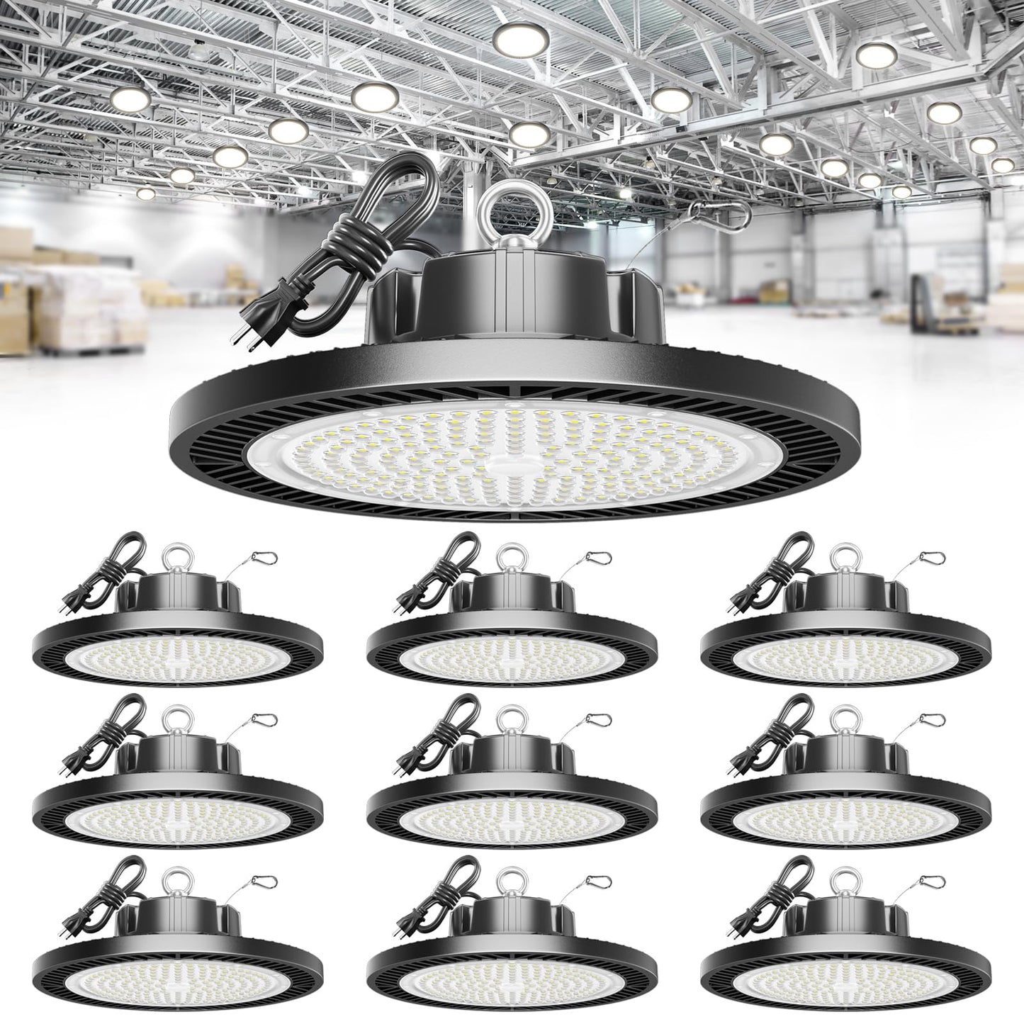 ELEKICO Super Bright 22000lm 5000k 150w 10 Pack UFO Led High Bay Shop Lights with 5'Cable 3-Pin Plug Hook Safe Rope for Garage Factory Warehouse Workshop Barn