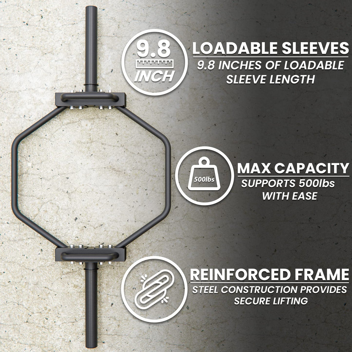 Synergee 7kg Black Olympic Hex Barbell Trap Bar with Standard Height Handles for Squats, Deadlifts, Shrugs and Power Pulls. 49” Long Bar with 10” Sleeve.