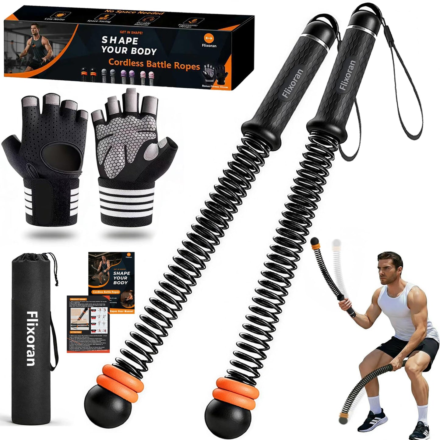 Cordless Battle Ropes Adjustable Trainer, Ropeless Weighted Portable Exercise Equipment for Home Gym Workouts, Compact Arm Strength for Men Women, Heavy Flex Rope Stick Fitness Gift