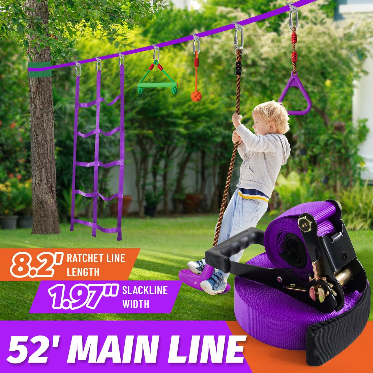 AOBOTE Ninja Warrior Obstacle Course for Kids-Slackline 52ft with 9 Accessries,Awing Seat,Climbing Net,Monkey Bar -Obstacle Course Outdoor-Playset Equipment for Girls & Boys