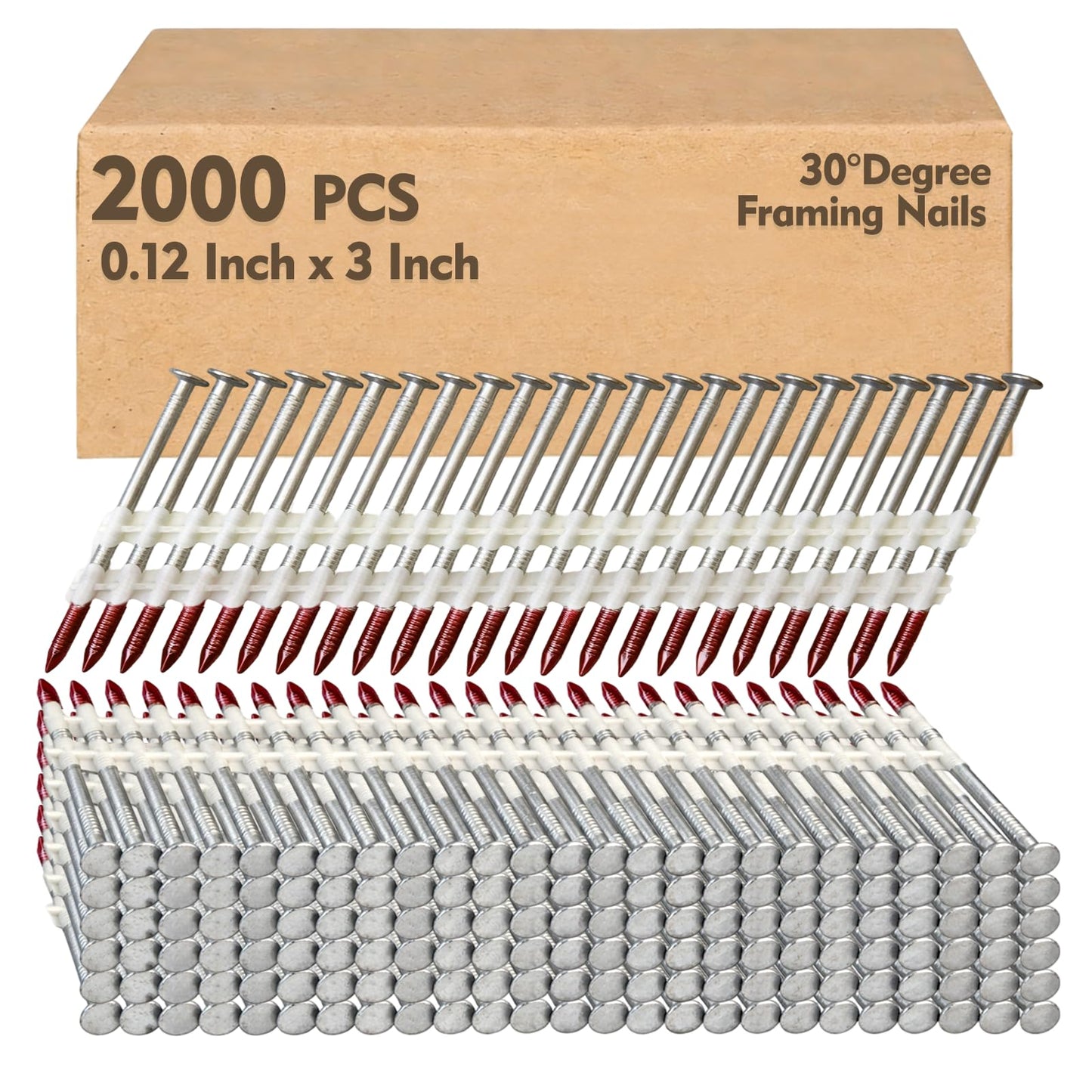 FMhotu 30 Degree Framing Nails 3" x .12" 2000PCS Ring Shank Plastic Collated Nails for 30-35 Degree Framing Nailer Gun, Hot Dipped Galvanized Full Round Head Framing Nails for Decking Sheathing