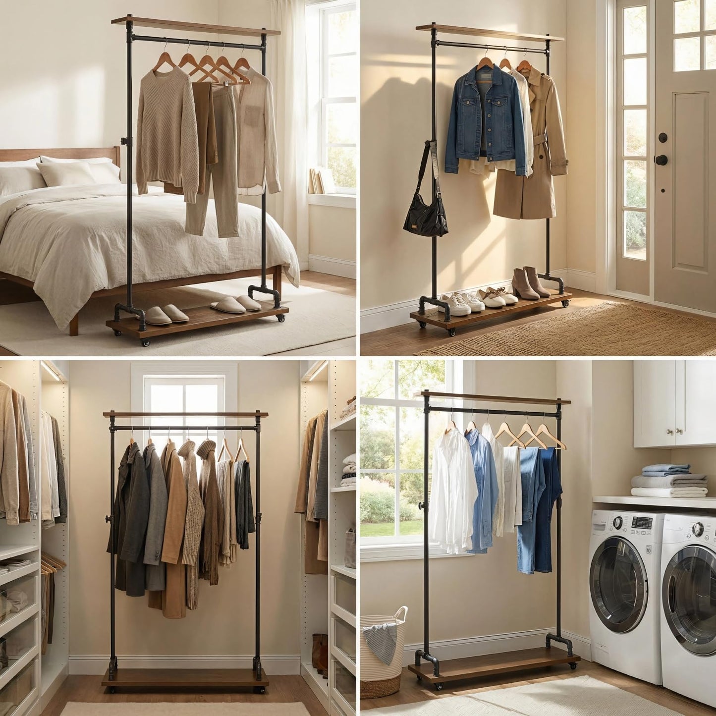 DOFURNILIM Industrial Pipe Clothing Racks, Rolling Garment Racks, Hall Tree on Lockable Wheels with Shelves and Shoes Storage, Heavy Duty Clothes Rack (Free Standing)