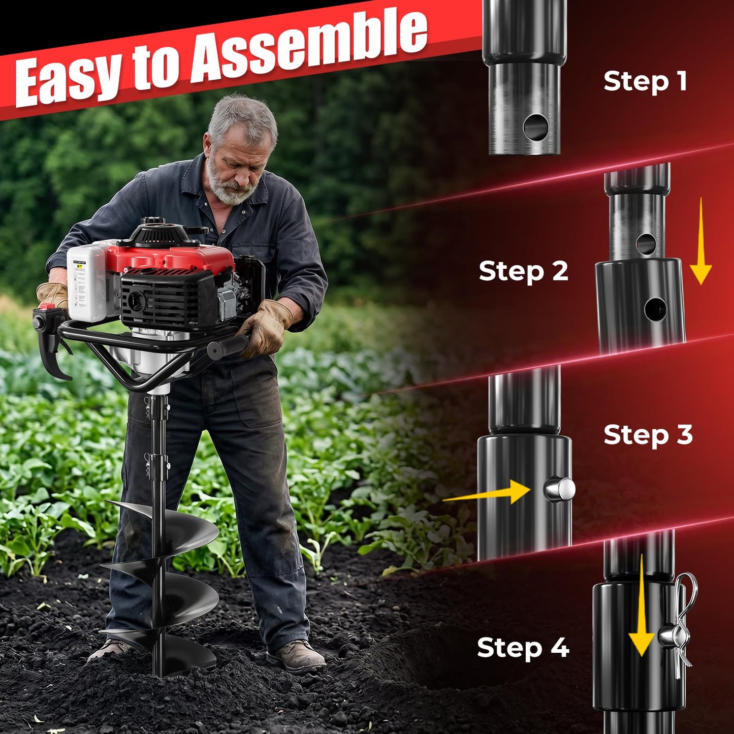 Baotree Post Hole Digger, 78cc Auger Post Hole Digger, 4-Stoke Gas Powered Earth Digger with 2 Auger Drill Bits(6" & 8") + 2 Extension Rods, for Farmland, Garden and Plant (78CC)