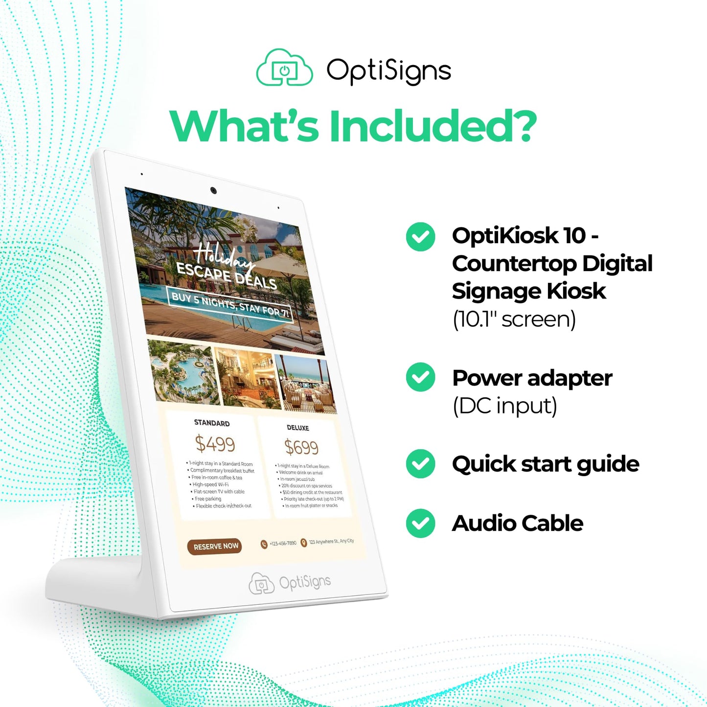 OptiSigns OptiKiosk 10 - Countertop Digital Signage Kiosk, 10.1" HD Touchscreen Display with Wi-Fi, Ethernet & Bluetooth, Software, Optional Background Music