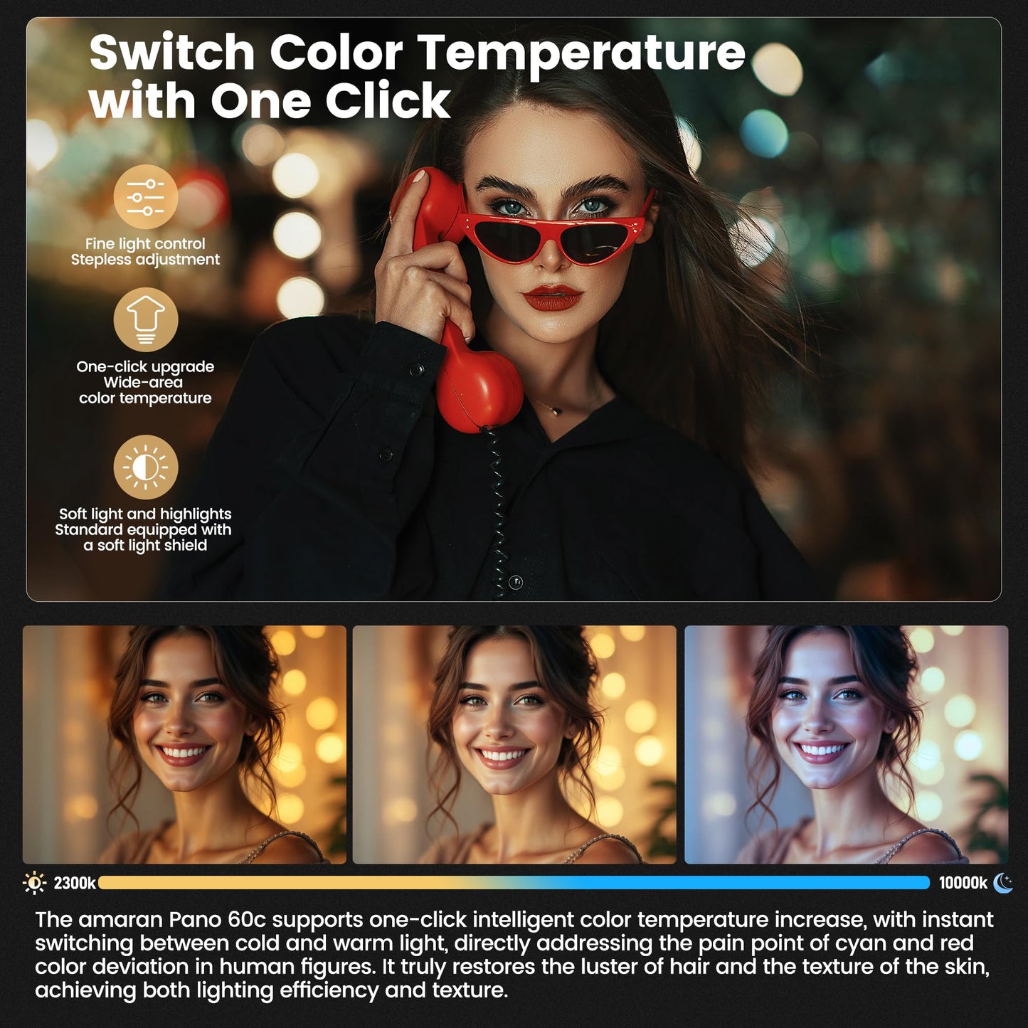 Amaran Pano 60c Kit Led Video Panel Light 60W RGBWW Full Color Lights,CCT 2,300K-10,000K,12 Lighting Efects,App Control,Support USB-C PD,with Softboxes and Carrying Case (Charcoal)