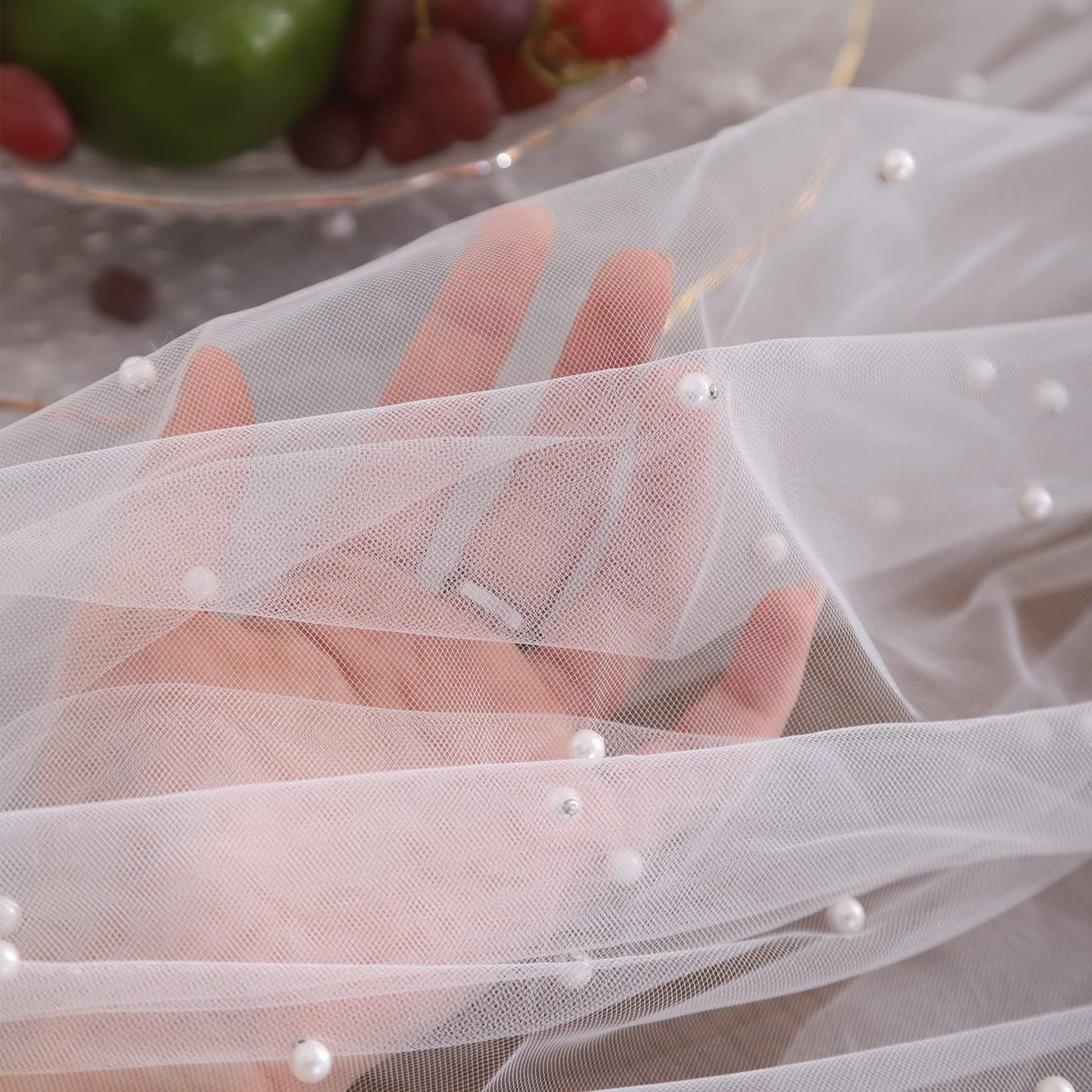 Tosleo Fairy Tablecloth White Pearl Table Cloth Summer Sheer Tulle Fabric Lace Table Cover Bridal Veil Tablecloths Chiffon Table Covers for Christmas Wedding Birthday Party(55 x 102 Inch)
