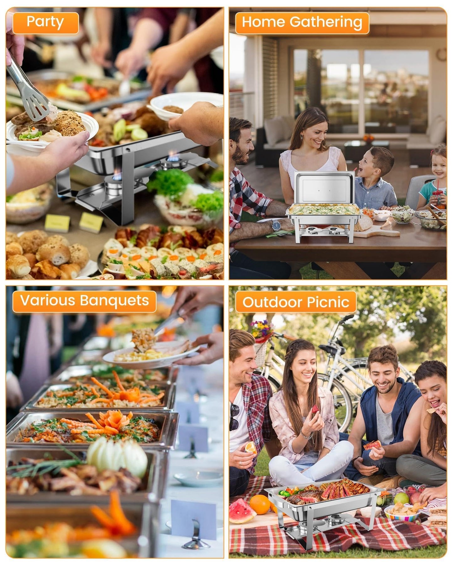 IDEALHOUSE 4-Pack Buffet Chafer Set, Thickened Stainless Steel Food Warmer, 8QT Rectangle Chafing Dishes with Lids & Foldable Frame for Catering & Large Events
