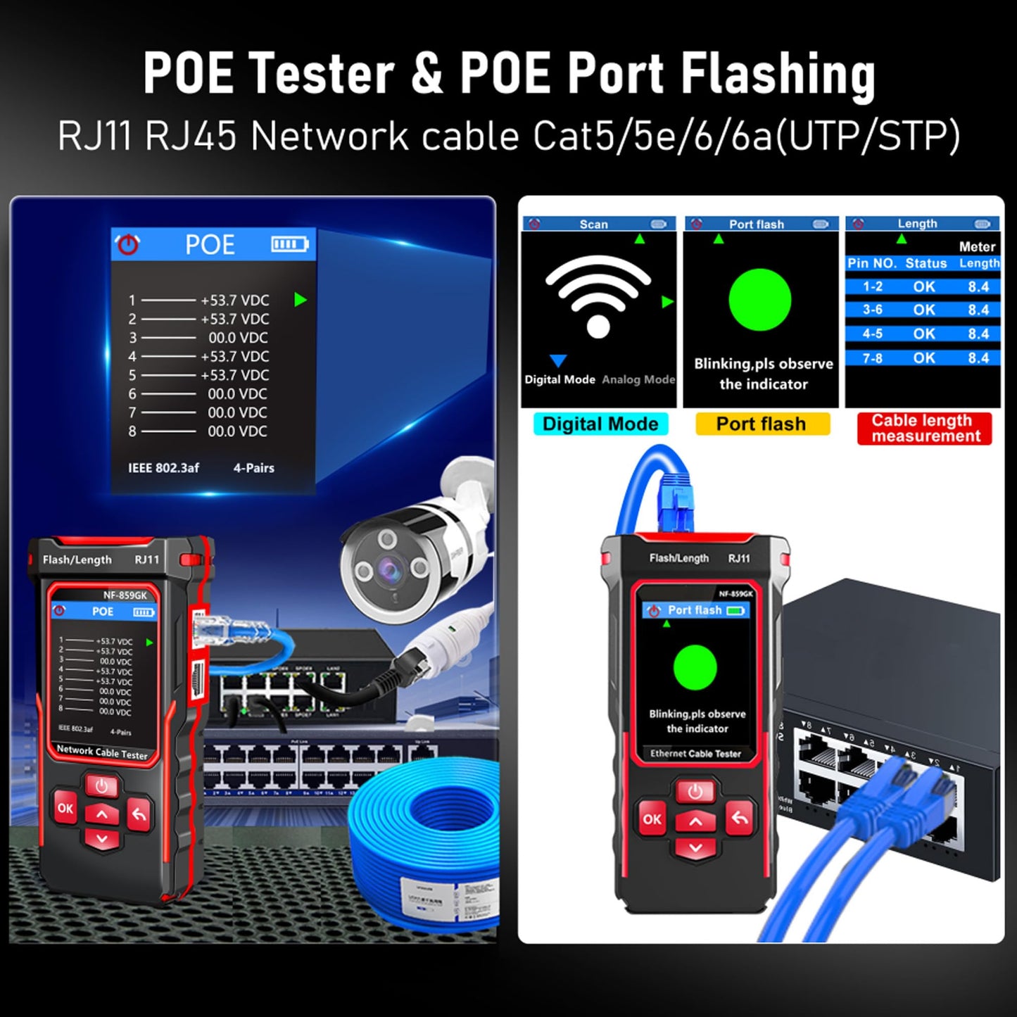 NF-859GK Network Cable Tester TDR Multi-Function with lP Scan CAT5 CAT6 CAT7 PING/POE/RJ45 RJ11 Cable TonerTester for Phone Lines CAT3, Ethernet,Wire Tracer LAN Network Tool Fiber Optic Continuity