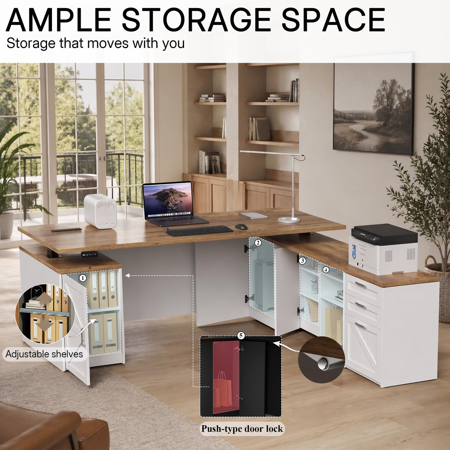 ZIMASYA 71" L Shaped Executive Desk with File Cabinet Drawers Outlet USB,Height Adjustable Office Desk Privacy Panel Sit-Stand Workstation for Boss Managers Home Farmhouse, Walnut & White