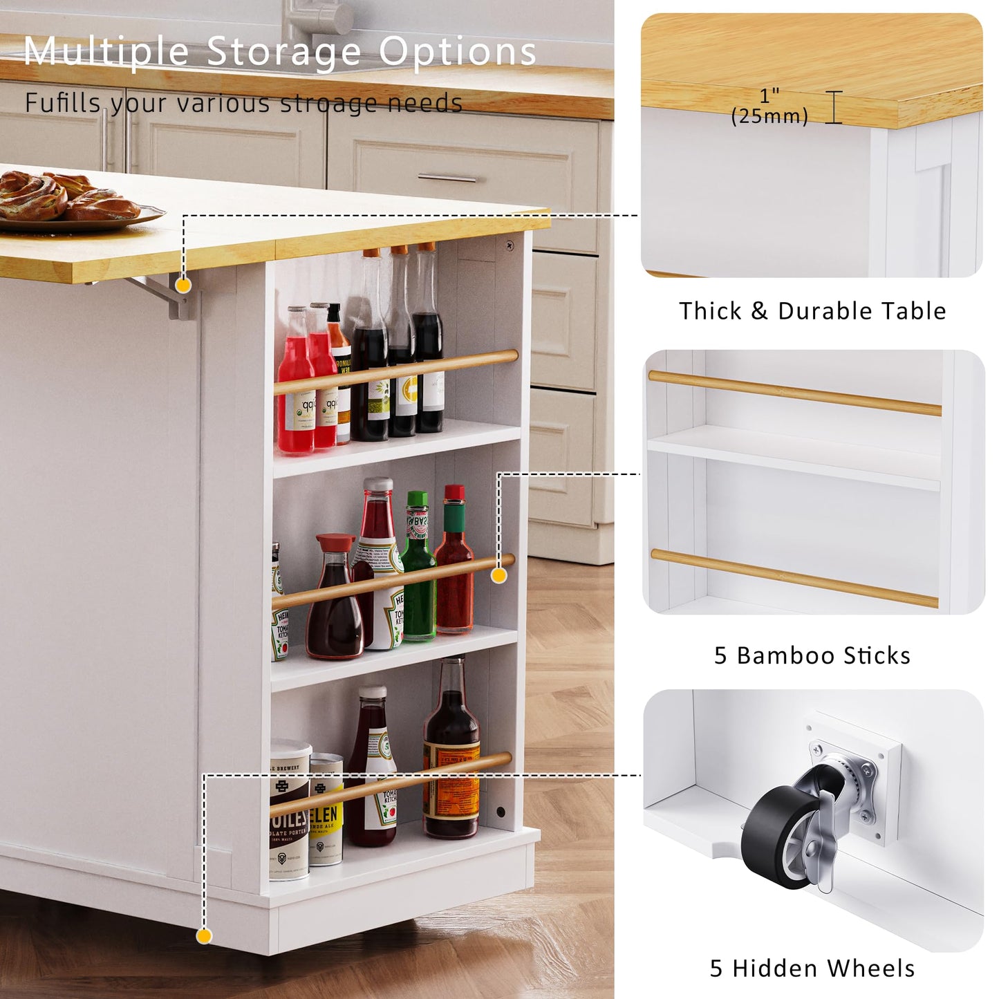 Kitchen Storage Island on Wheels with Drop Leaf & Power Outlet, Rolling Kitchen Island Cart with Open Side Racks, Door Shelves and Towel Bar, 53-Inch, White