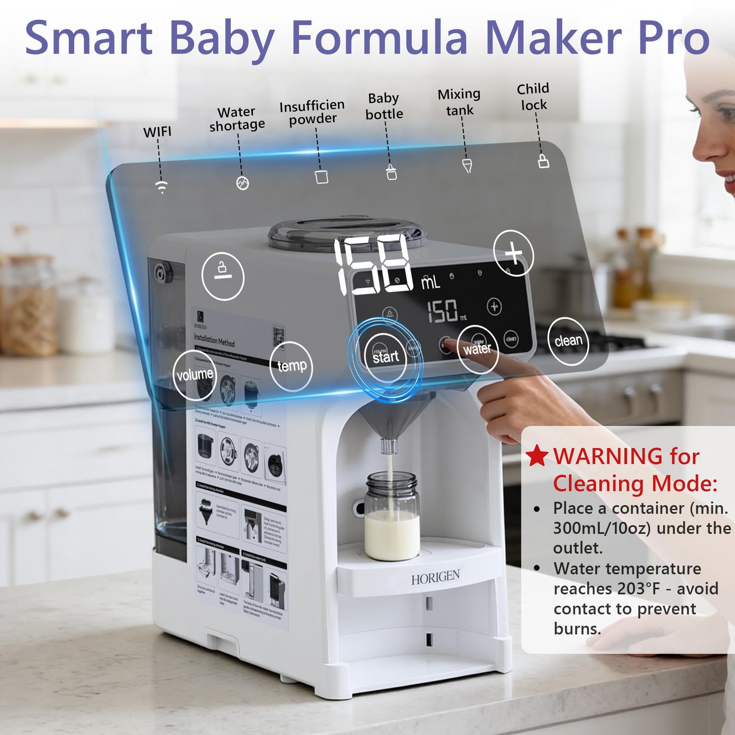 Horigen Smart Baby Formula Maker - Advanced WiFi Bottle Maker Formula Machine with Automatic Mix & Clean, Instant Warm Water, Fast Milk Make with Accurate Dispensing & Temperature Control