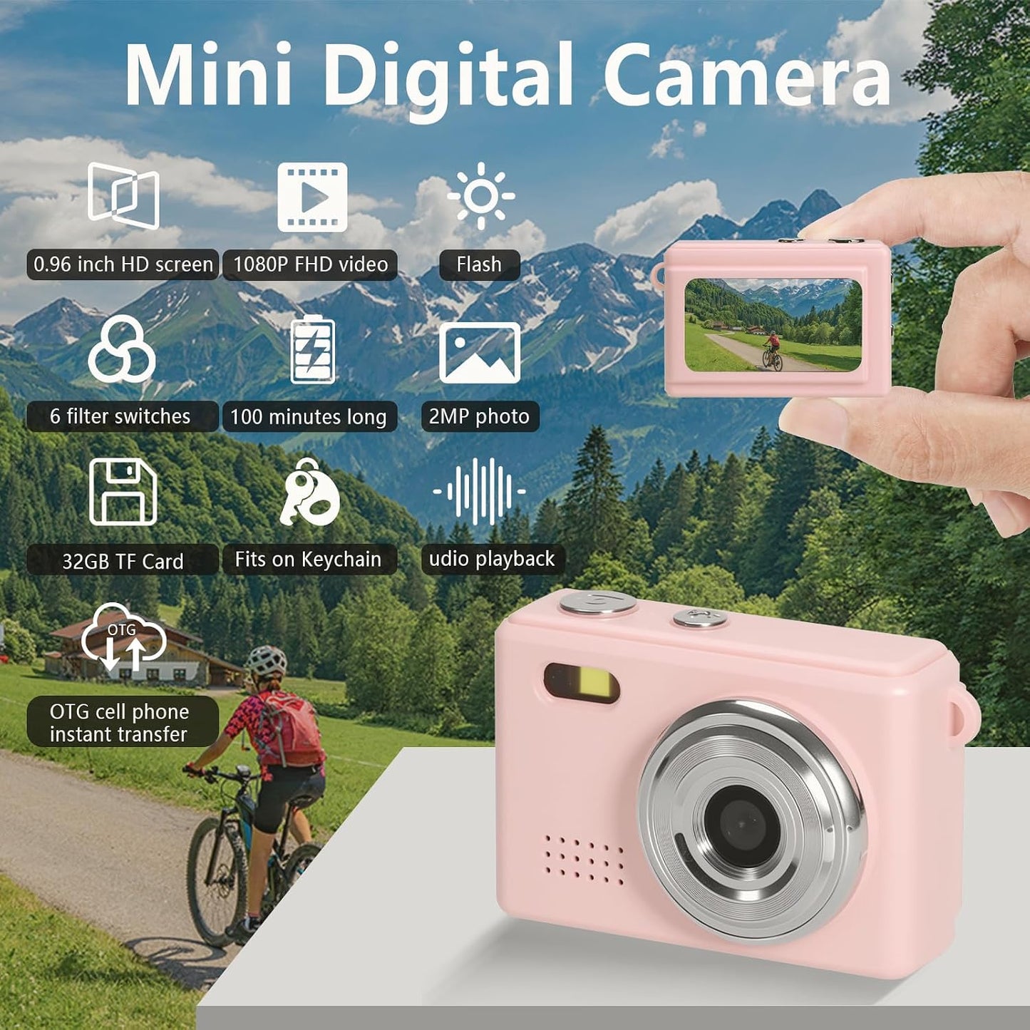 Mhaohuofu 1080p 32GB 6 0.96" 100 Pink1) Mini Keychain Camera, FHD Mini Digital Camera with SD Card, Flash, Creative