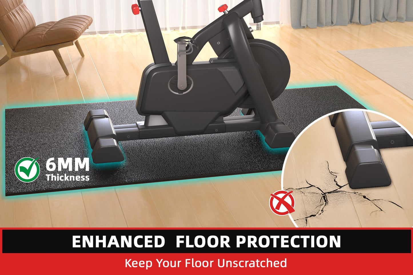 Treadmill Mat, 7'x3'/6'x3'/6'x2.5'/5.6'x2'/4'x2', 6mm Thick Exercise Equipment Gym Mat for Hardwood FloorCarpet, Compatible with Peloton Bike, Indoor Spin Bike, Elliptical