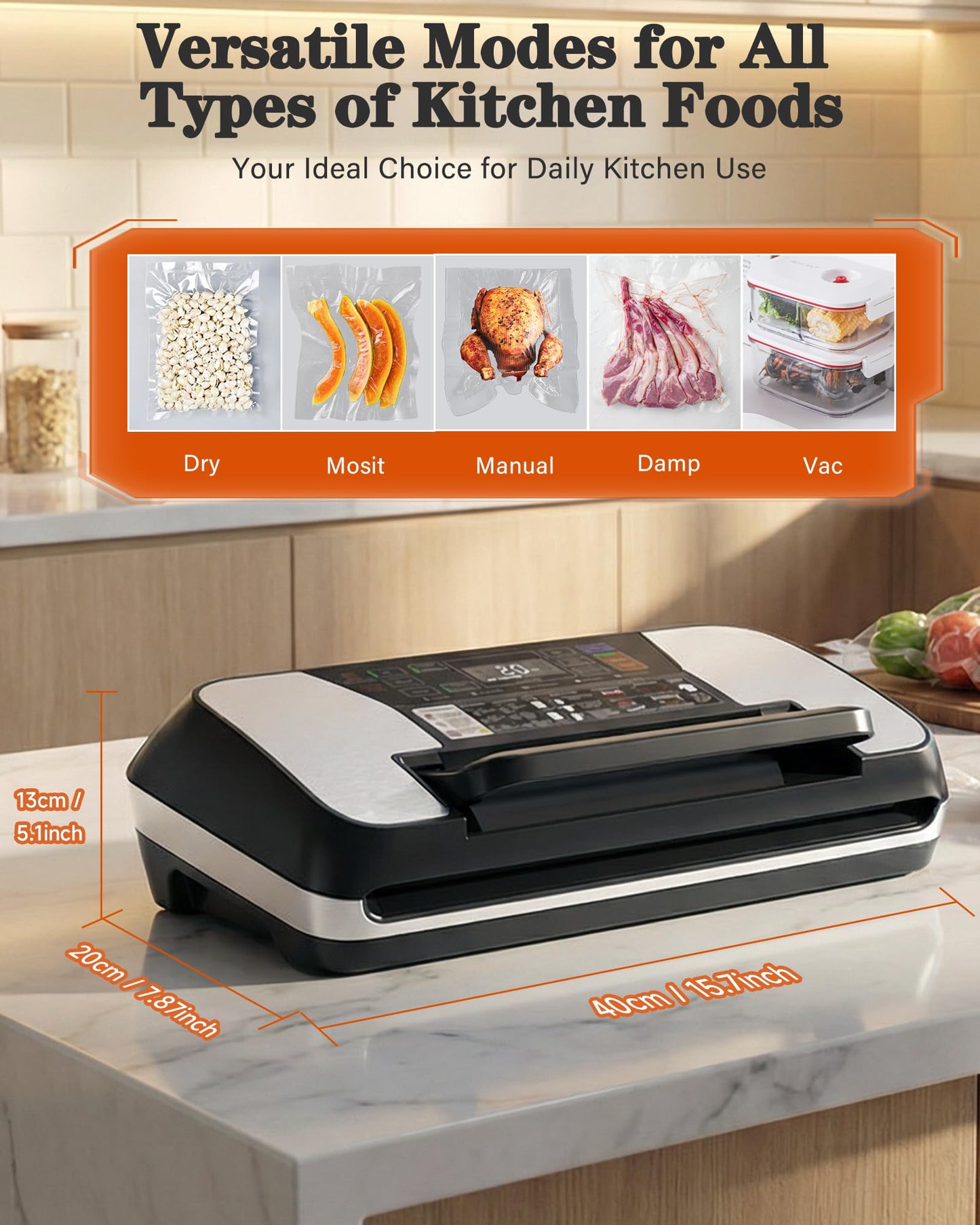 95KPa Food Vacuum Sealer Machine, 230W Vacuum Pack Machine 12-in-1 Automatic Powerful Food Preservation System with Double Heat Seal, Includes Built-in Cutter, Storage, 1 Roll & 10 Bags Black-silver