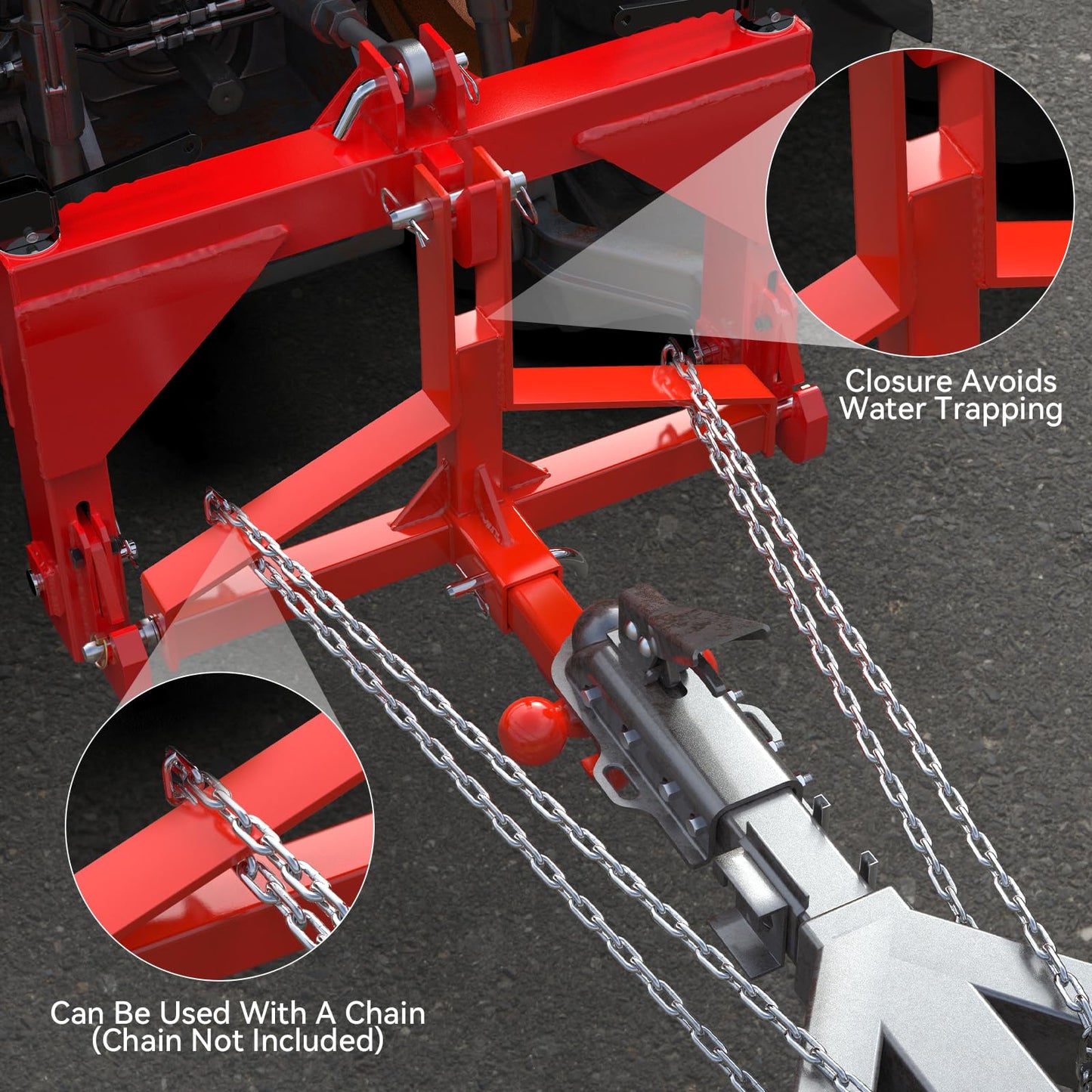 Red 3 Point Trailer Hitch with Receiver and Ball, Tractor Mover Drawbar, Farm Equipment and Subcompact Trailer Hitch for Tractor Standard Category 1