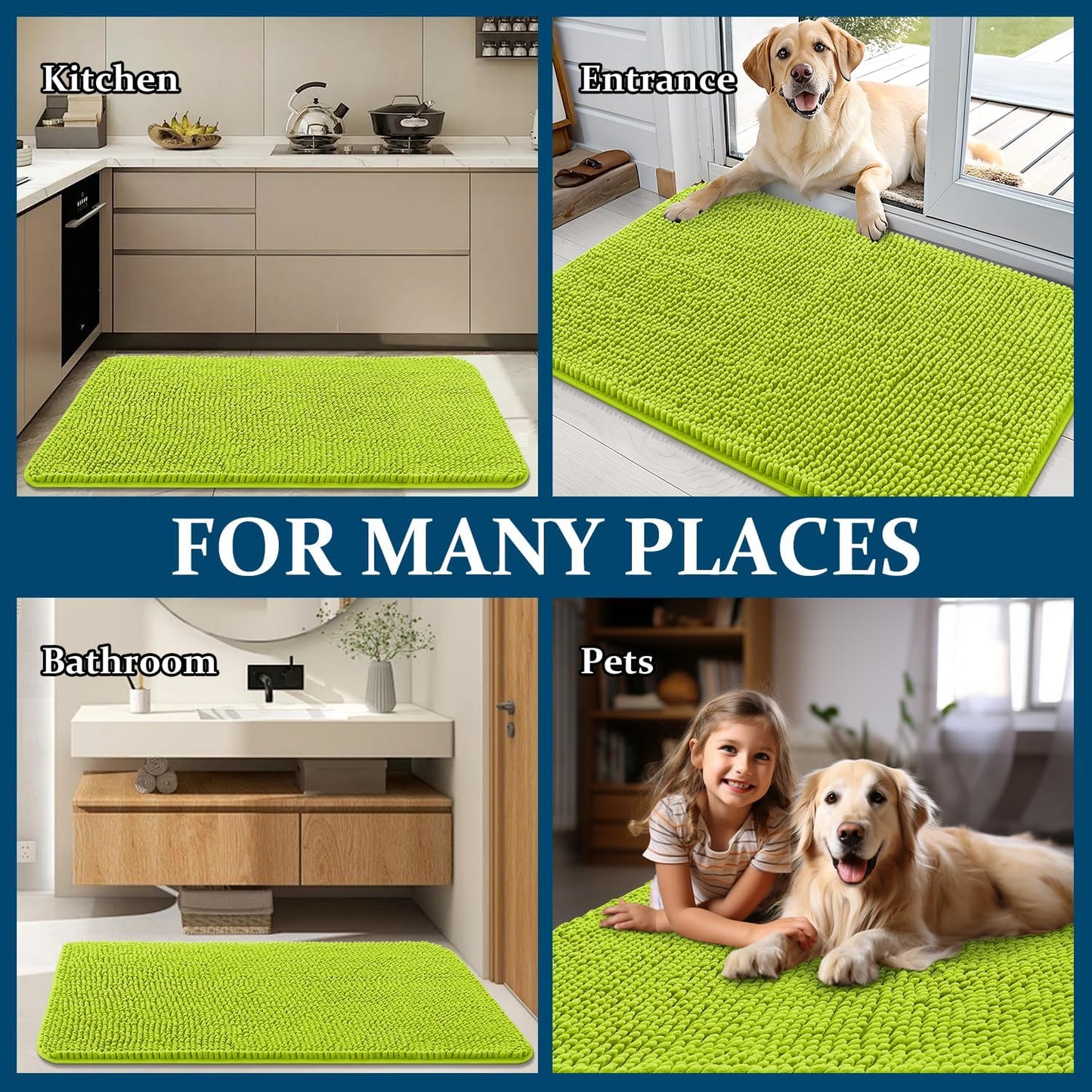 OLANLY Dog Door Mat - Absorbent Non-Slip Washable Doormat for Muddy Paws | 36x24 Bright Green