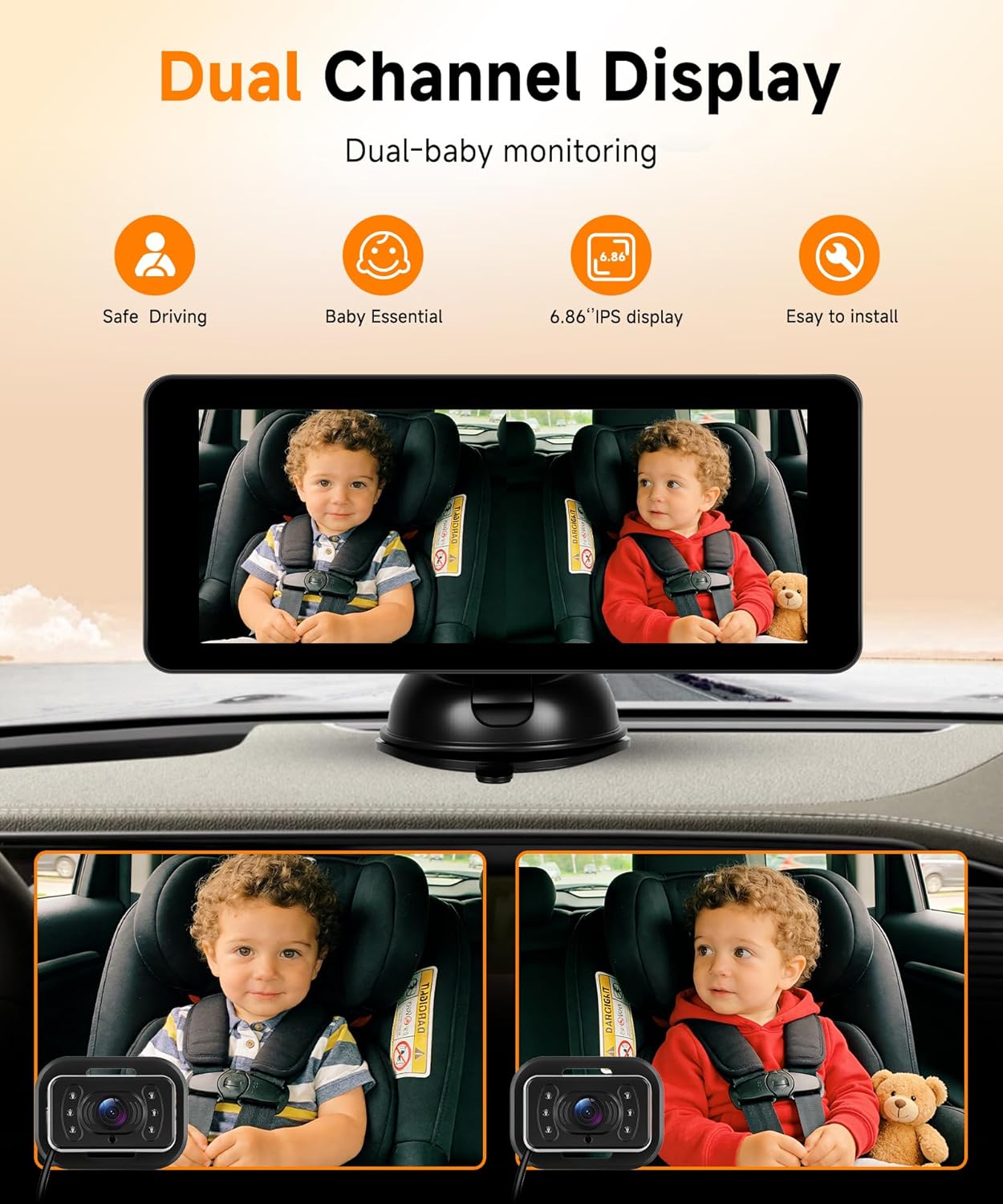 MAHVEC 2 6.86 Inch 2 Dual Baby Car Monitor for Kids - IPS Split Display with IR Night Vision Camera, Dual Channel Car