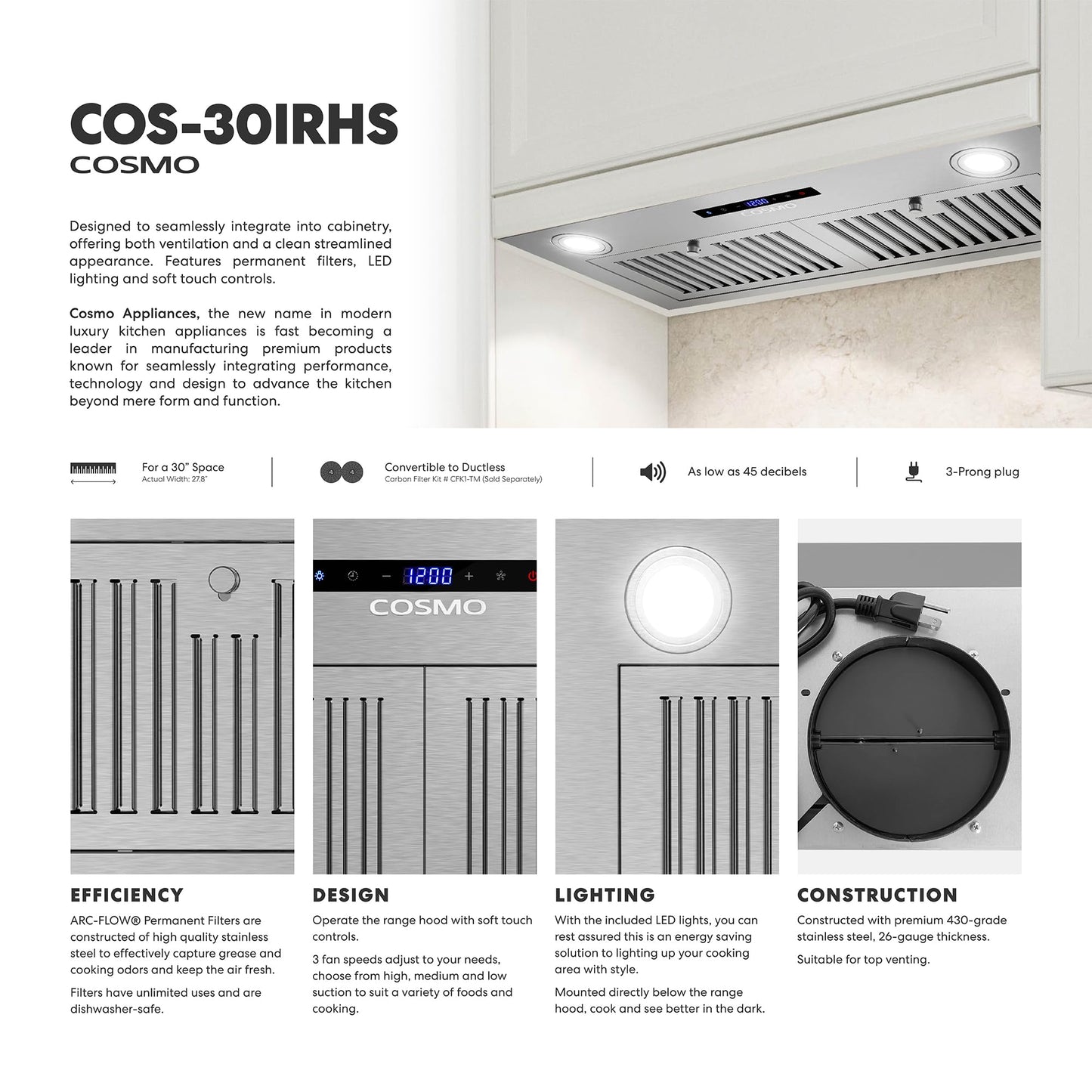 COSMO COS-30IRHS 30 in. Lumin Collection 380 CFM Ducted Insert Range Hood, Touch Controls, LED Lights, Stainless Steel