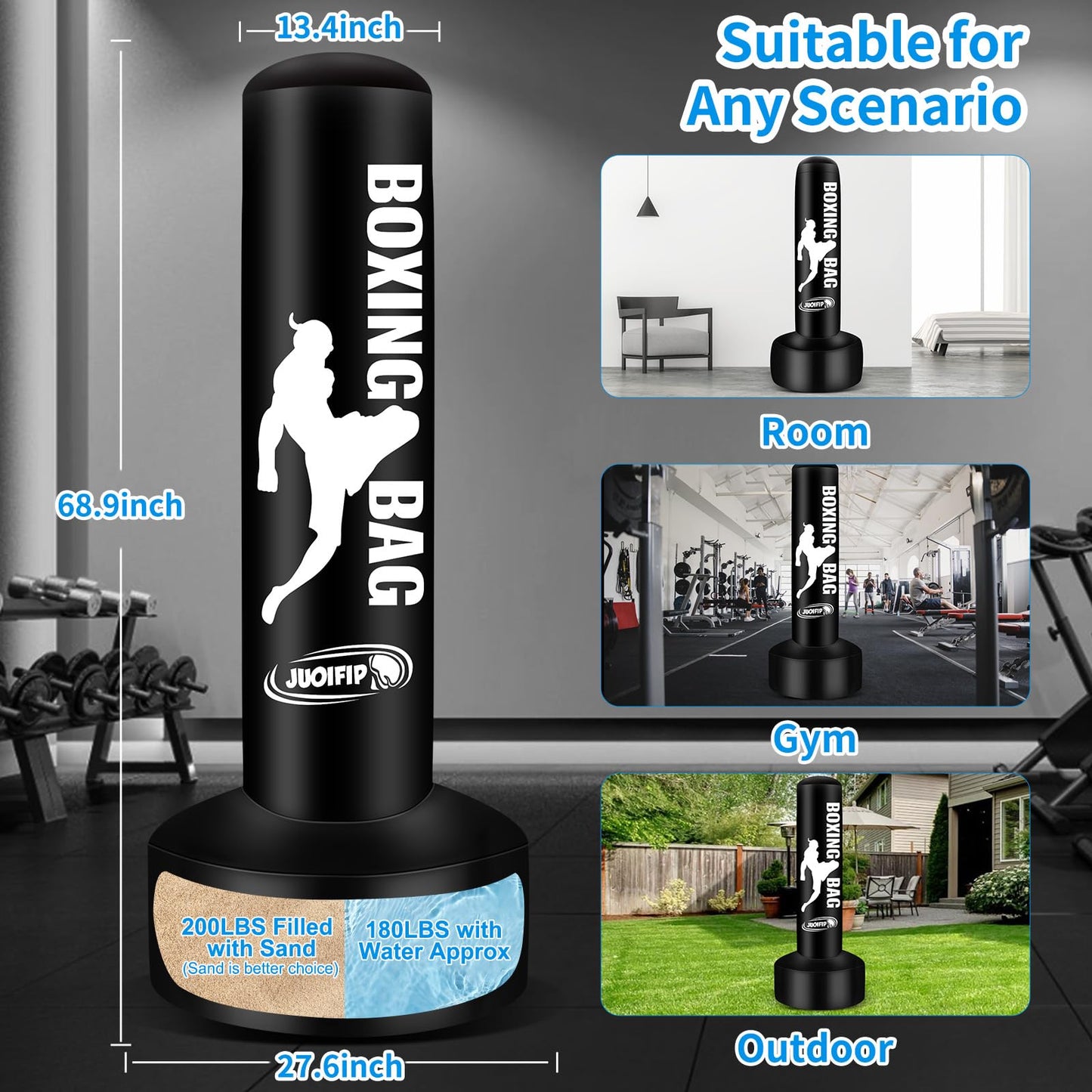 Standing Punching Bag for Adults with Pump and Gloves, 69'' Kick Boxing Bag with Stand Inflatable Freestanding Heavy Bag Kicking Bag for Training MMA Muay Thai Fitness