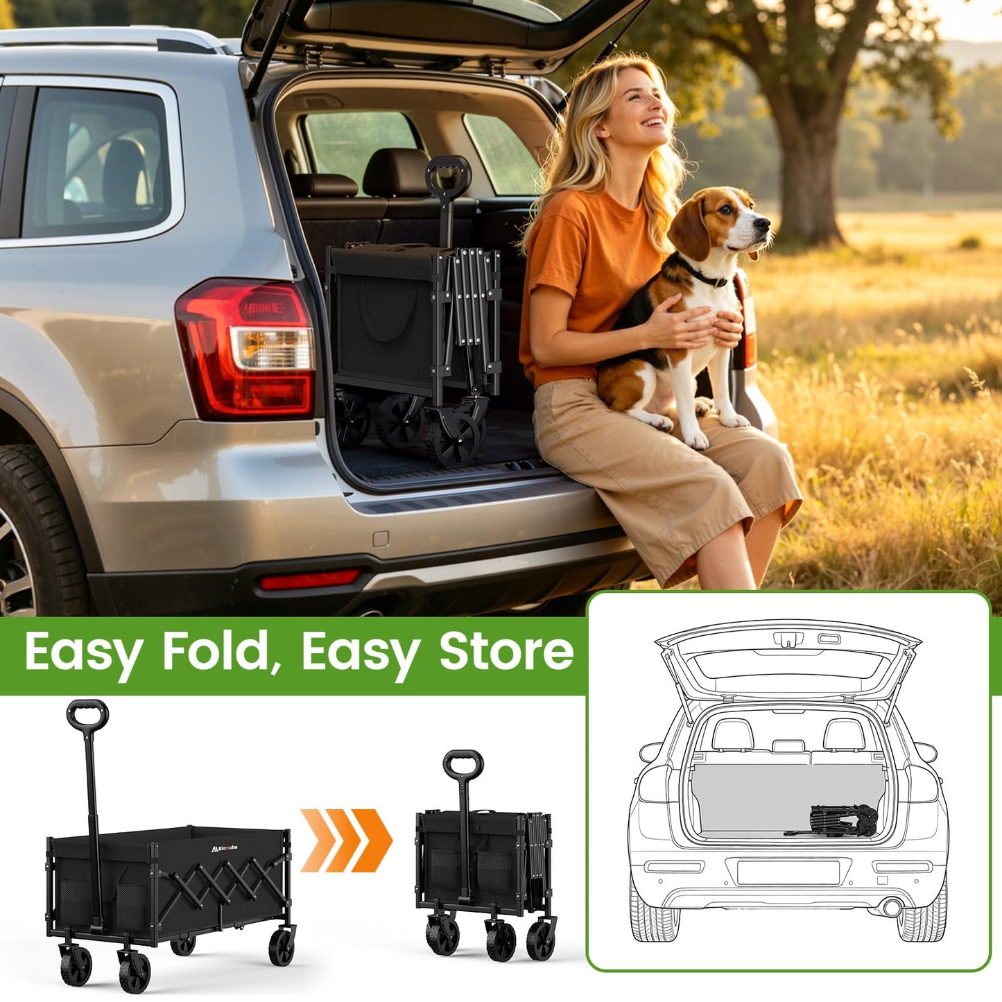 Blomoba 35'' Extra Long Collapsible Wagon with Adjustable Handle, Lightweight Folding Wagon with 360° Swivel Wheels, 220 LBS Portable Utility Cart for Garden, Sports, Grocery, Shopping, Camping, Black