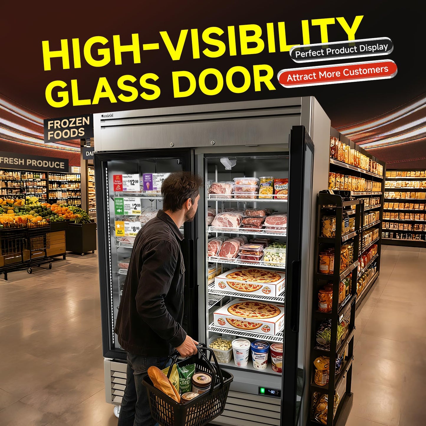 Coolski 54" W 2 Glass Door Commercial Freezer, Upright Display Freezer with Adjustable Heavy Duty Shelves, Auto Defrost, LED Interior Light, ETL DOE Certified for Stores and Cafés