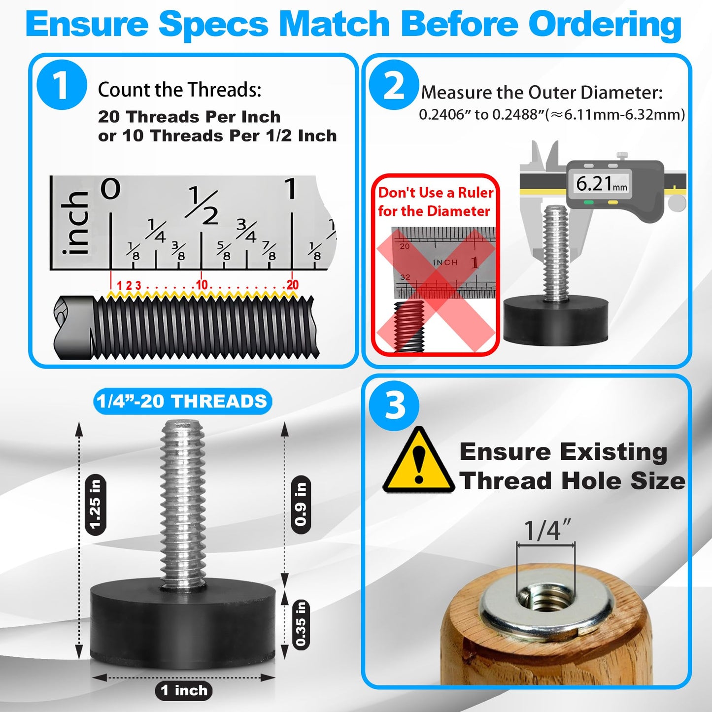 12 Pack All-Rubber 1/4"-20 UNC Leveling Feet with Inserts, Adjustable Levelers for Table Chair Stool Legs - 0.35" to 0.85" Height Range, Anti-Slip