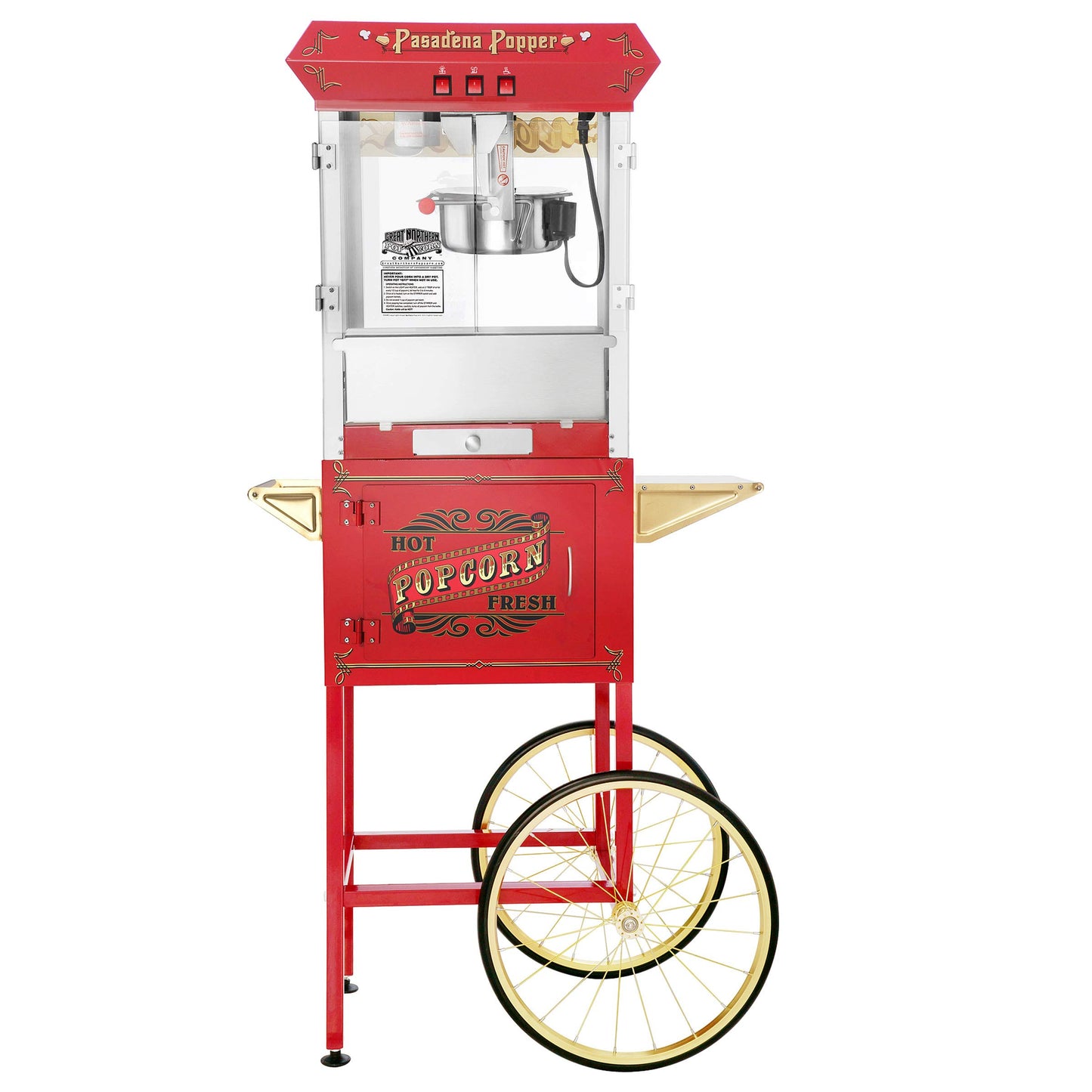 Pasadena Popcorn Machine with Cart- Popper Makes 3 Gallons- 8-Ounce Kettle, Old Maids Drawer, Warming Tray & Scoop by Great Northern Popcorn (Red)