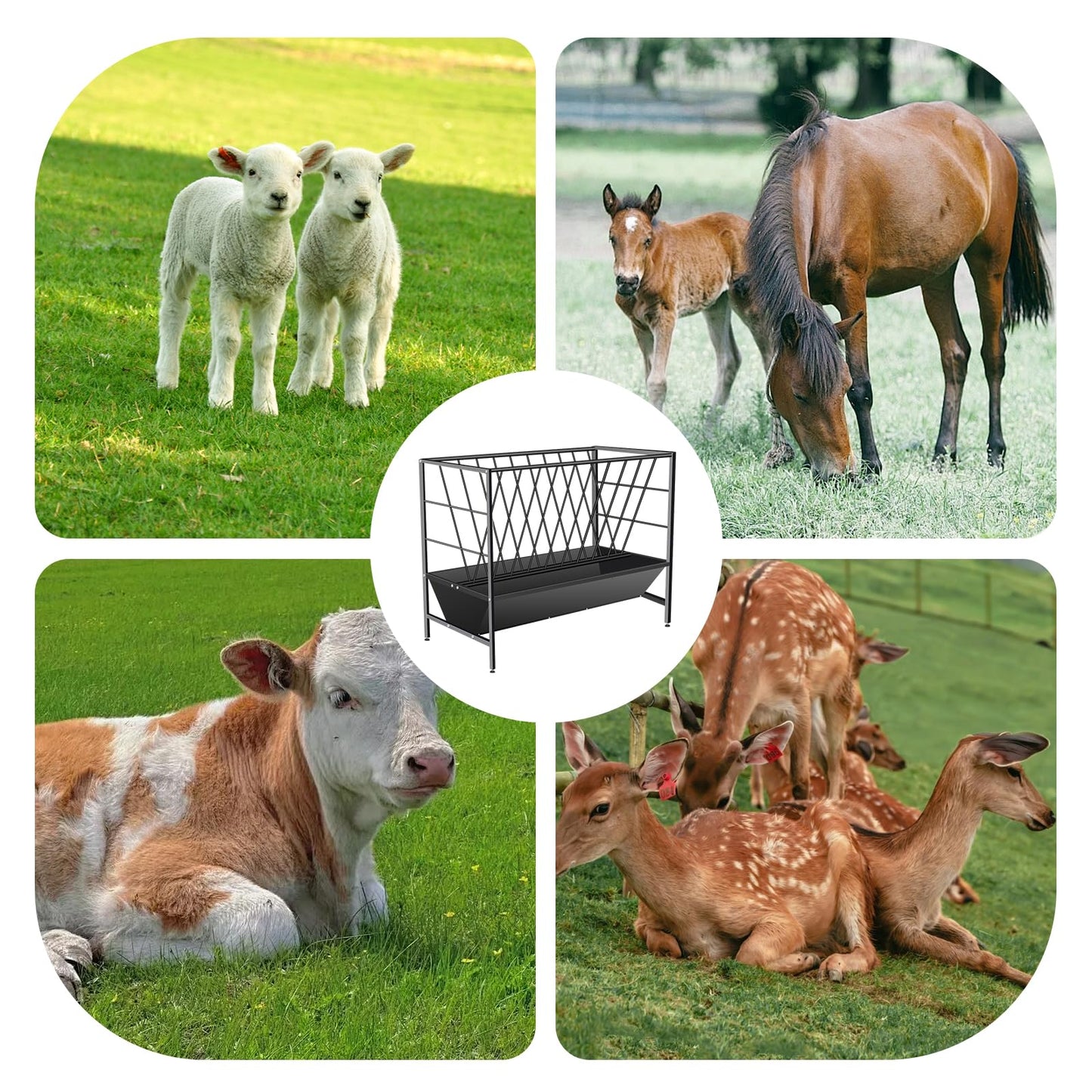 YXJSTO Pasture Hay Feeder 69 Gallon, Livestock 2 in 1 Hay and Grain Feeder, Heavy-Duty Galvanized Metal Goat Feeder with 2 Trays, Pasture Feeder for Goat, Sheep, Foal, Sheep