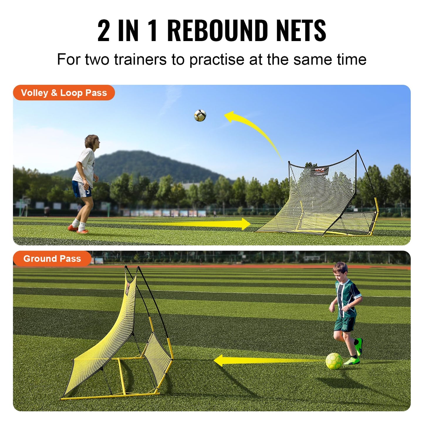 VEVOR Soccer Trainer, 2-in-1 Portable Soccer Rebounder Net, 71"x40" Iron Soccer Practice Equipment, Sports Football Rebounder Wall with Portable Bag, Perfect for Team Solo Training, Passing, Volley