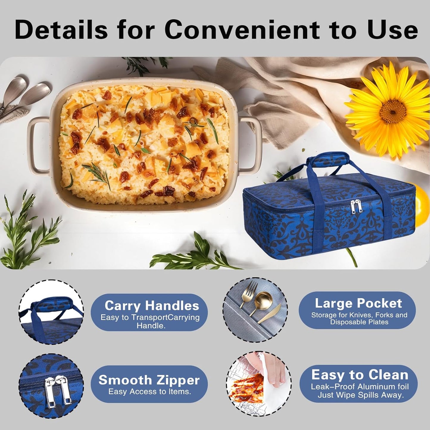 Skiennix Insulated Casserole Carrier Bag - Portable Tote for Hot/Cold Food | Fits 9x13" Dish - Blue/Black