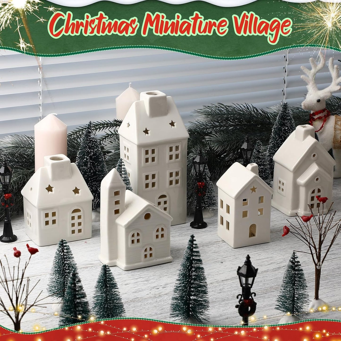 WinnerWhy Christmas Village House Set - 24 Pcs LED Lighted Mini Ceramic Ornaments for Festive Decor