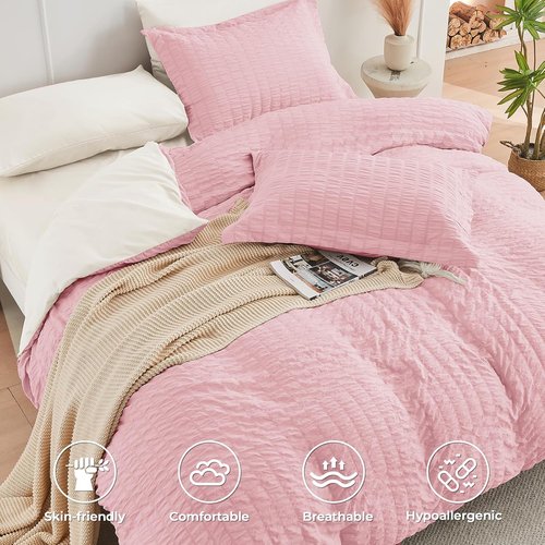 HYMOKEGE Queen Comforter Set - 7-Piece Seersucker Luxury Bedding in Pink/Ivory | All-Season Bed in a Bag