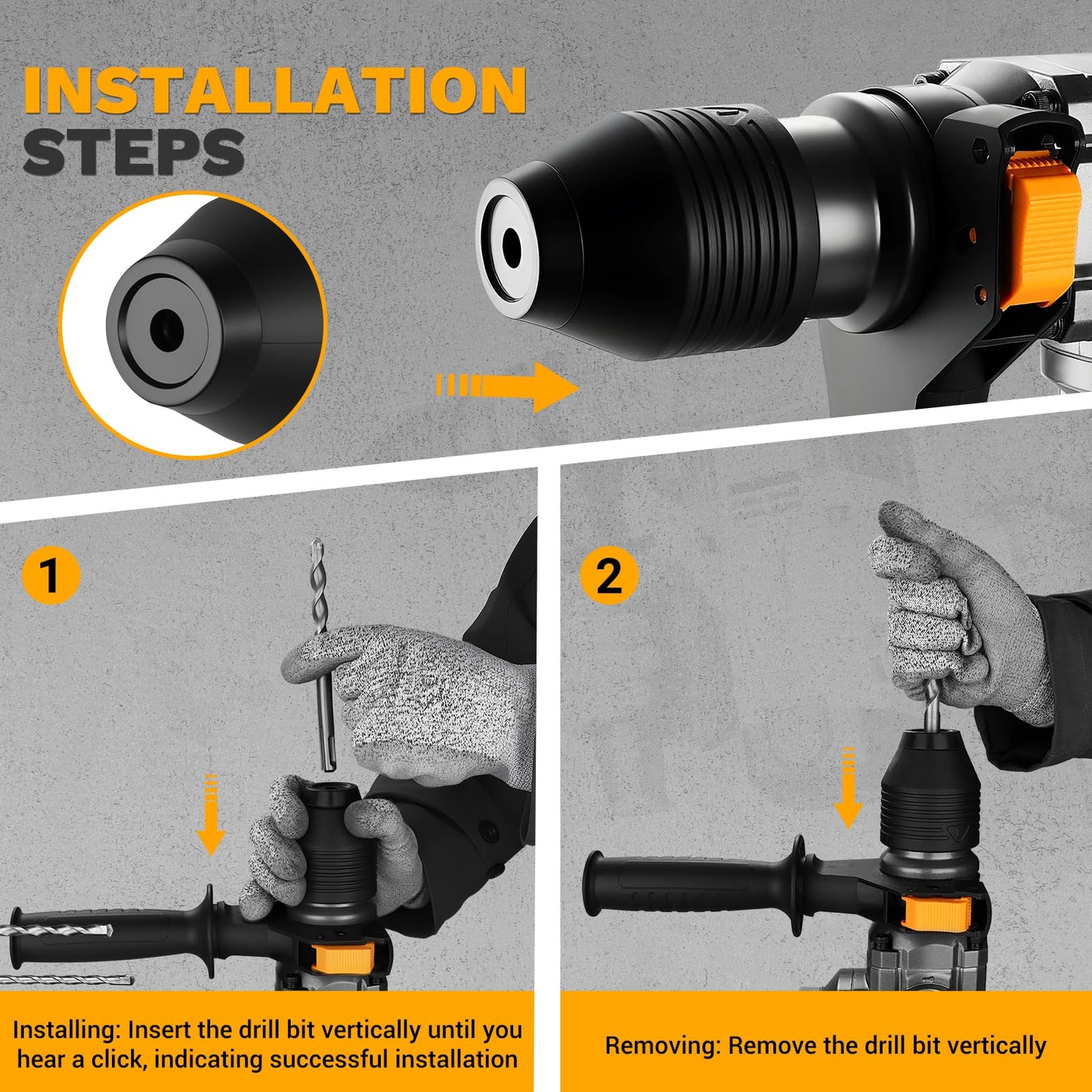 1-1/4 Inch SDS-Plus Rotary Hammer Drill, 12.5Amp Electric Heavy Duty Hammer Drill Corded with 4 Functions, Demolition Hammer for Concrete with Drill Bits and Chisels, Safety Clutch & Vibration Control