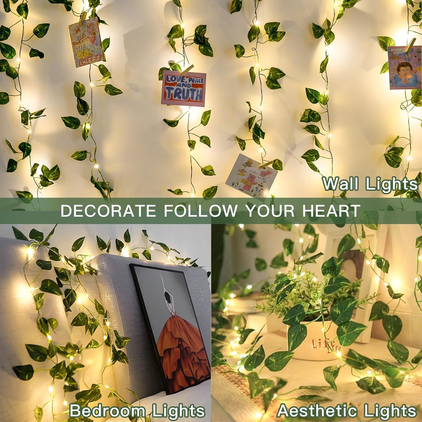 Suddus Fairy Lights Vine - 13.1ft 40 LED Battery Operated Pothos String Lights with Remote | Warm White Decor for Bedroom, Garden, Party, Wedding