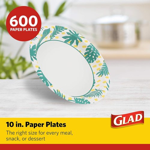 Glad Round Disposable Paper Plates - Soak Proof & Cut Resistant, 10 Inch, Palm Leaves Pattern, 50 Count | Perfect for Parties & Picnics
