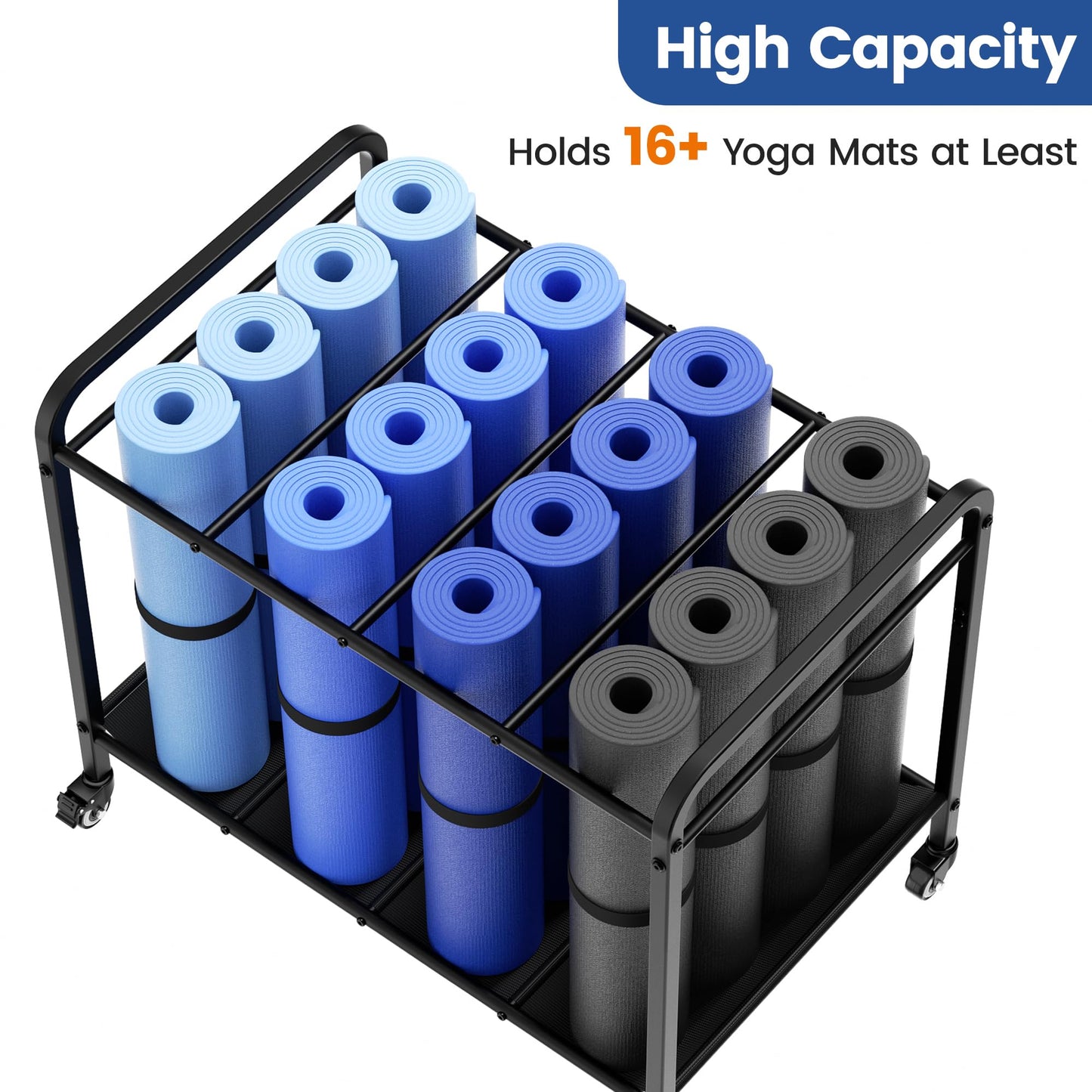 Black Yoga Mat Storage Rack Basket with Wheels, Floor-Standing Metal Yoga Mat Cart Workout Equipment for Foam Roller Dumbbells Kettlebells,in Gym,Fitness Classes, Yoga Studio & Home Gym