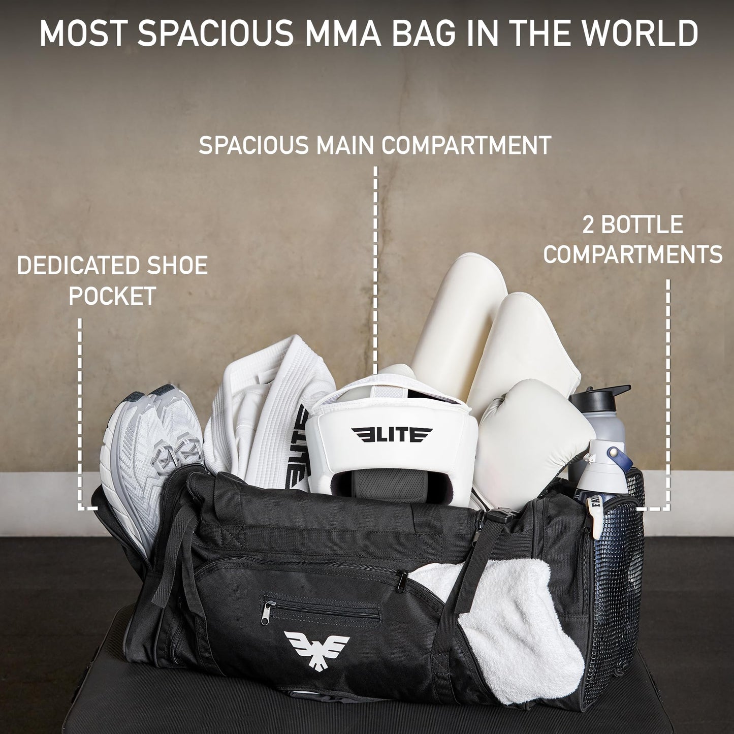 Elite Sports Monster MMA Duffel Bag – Large 44L Cordura Sports Bag w/Mesh Shoe Compartment & Adjustable Strap – MMA, BJJ, Martial Arts Gear – Fits Gi, Headgear, Shin Guards, Rash Guards & More