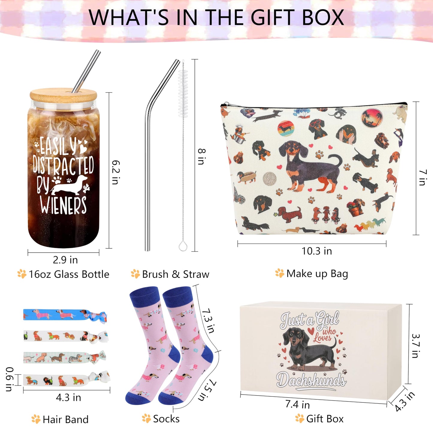 Dachshund Gifts for Women Dachshund Dog Lover Unique Gift Basket with Glass Cup Makeup Bag Headbands Novelty Socks for Dog Mom Funny Bag Birthday Gifts for New Puppy Owners